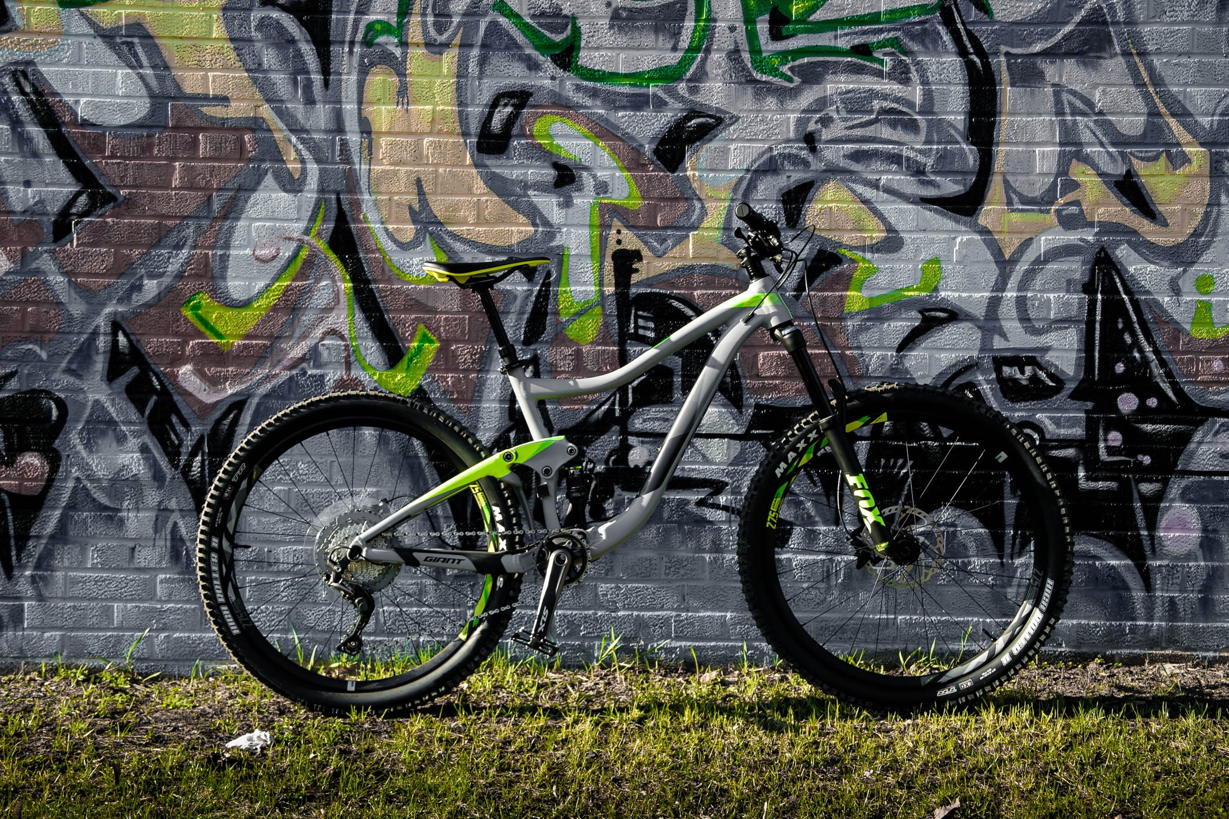 A Giant brand mountain bike in front of a graffiti wall
