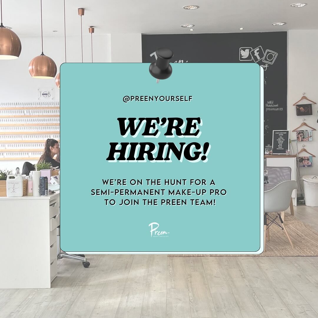 We&rsquo;re hiring a Semi-Permanent Make-Up Pro to join the Preen team!✨

Looking for a friendly &amp; vibrant salon to rent a room? Let&rsquo;s make it happen🤩 

Email Beckie &amp; Nat at preenuk.com with a portfolio/social media account of your wo