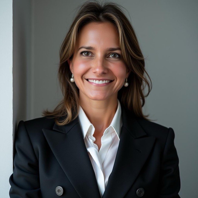 A woman with long brown hair smiling and looking to her left in a warmly lit room.