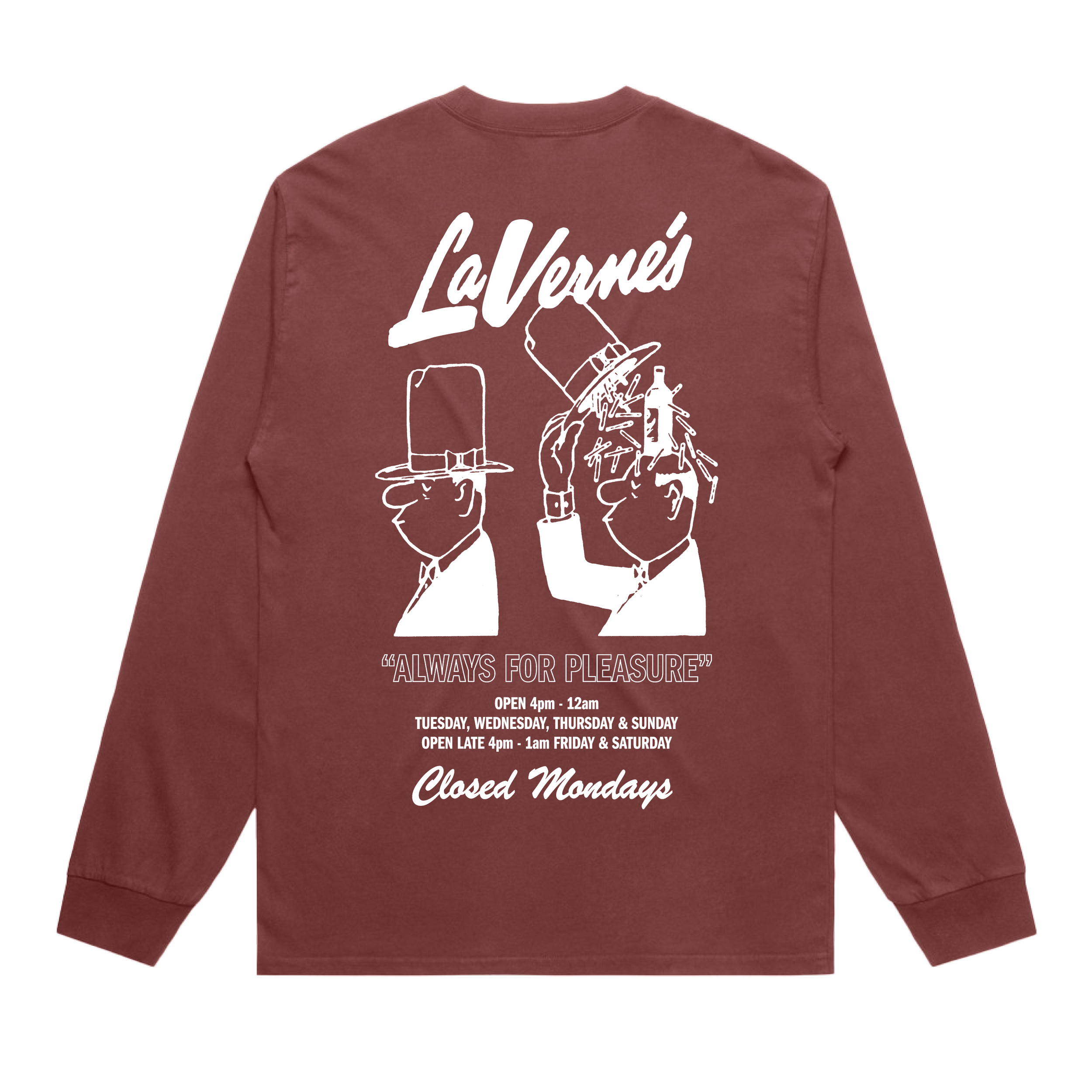 The back of LaVerne's bar long sleeve tee shirt