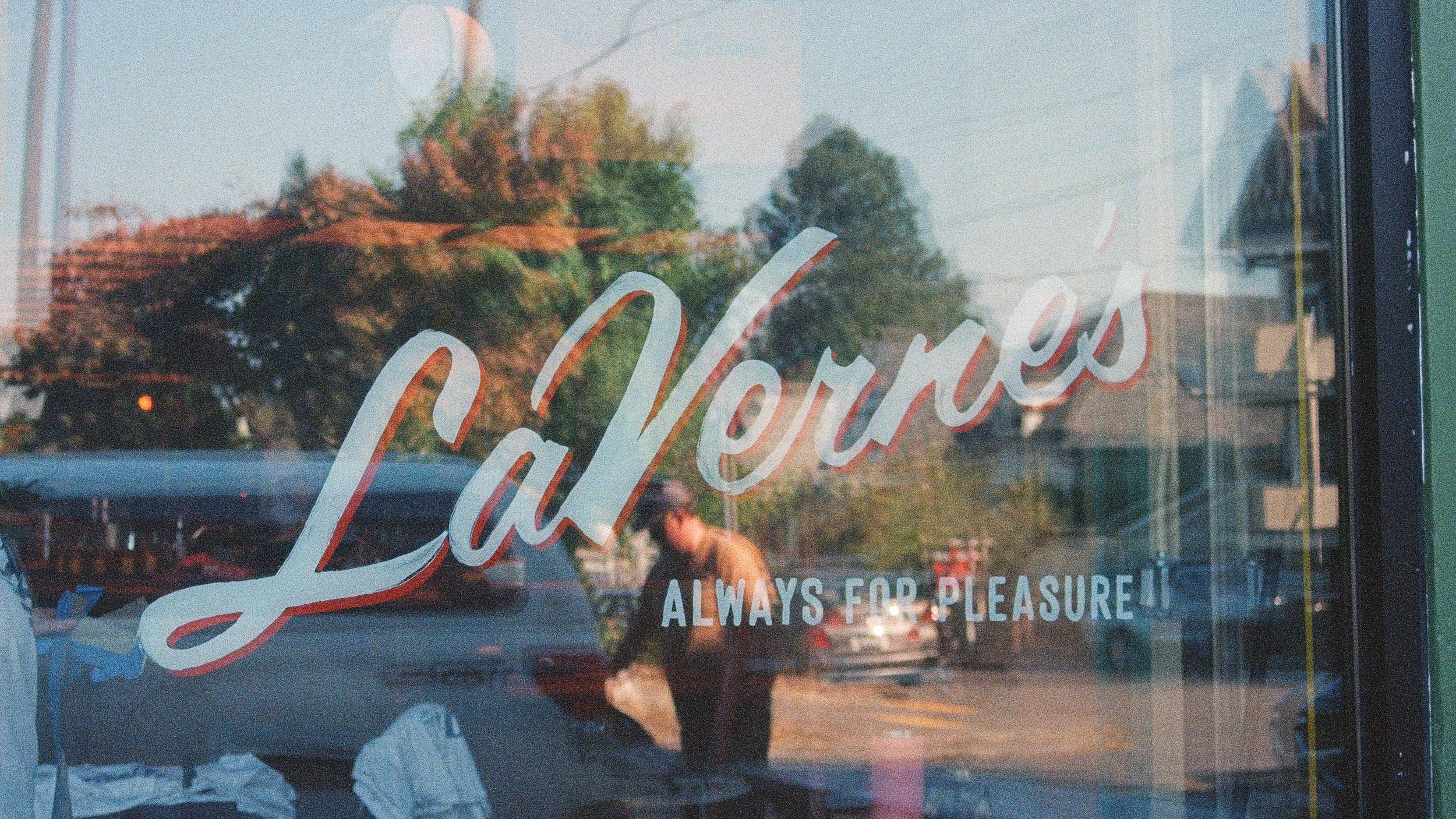 LaVerne's Portland bar restaurant hand painted sign in the window