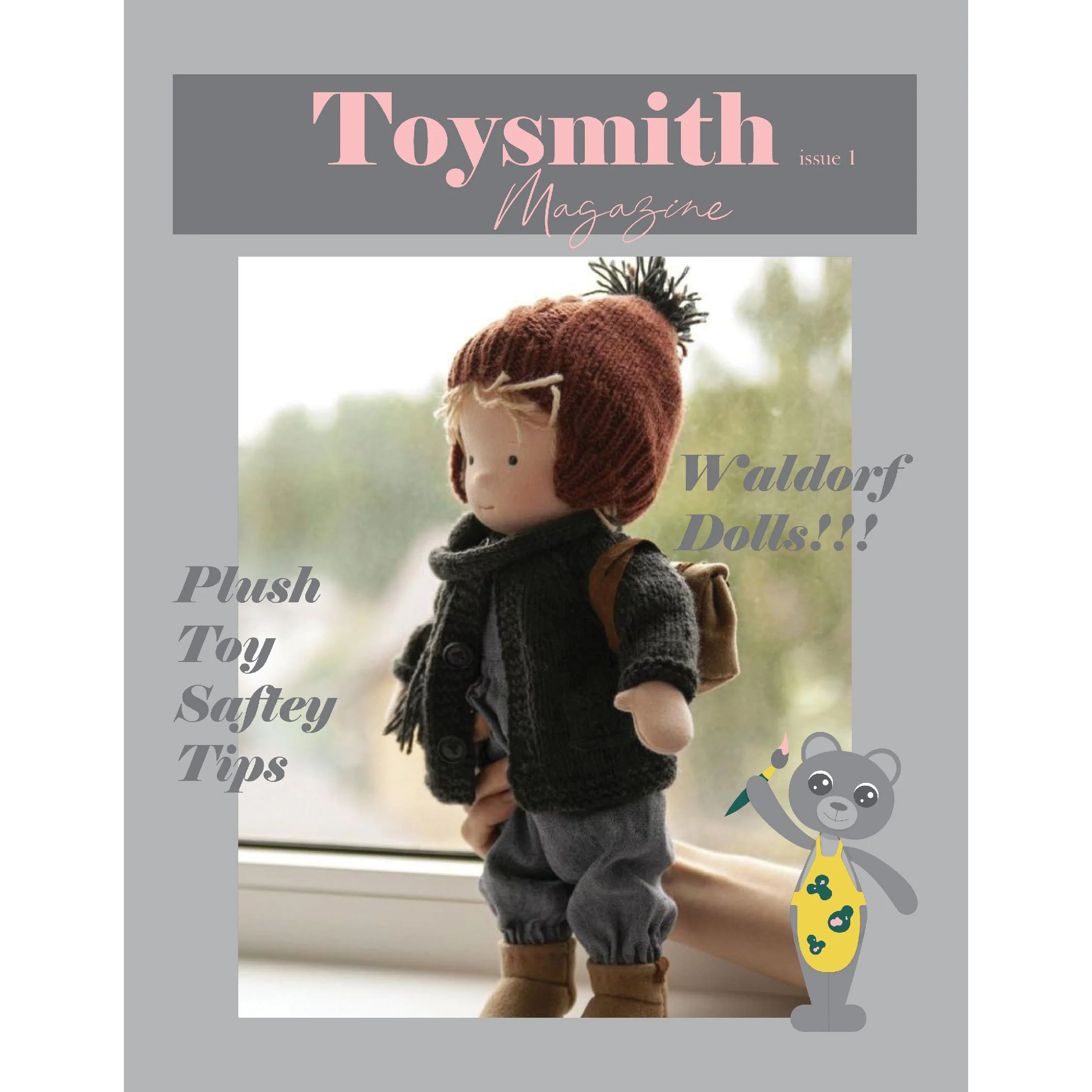 A Custom Designed Toy Maker Magazine named Toysmith Magazine.  A handmade Waldorf Doll standing in front of a window.  