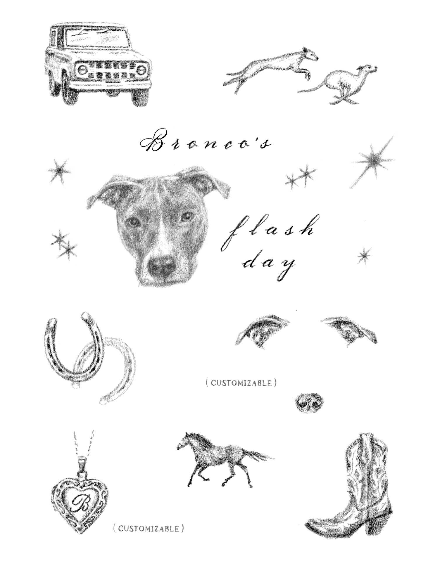 Flash day benefit for my sweetie boy Bronco coming up on Saturday, January 3rd 🐕 Use the 🔗 to request a time slot, may be open to extending to 1/4 as well if there&rsquo;s enough interest ❤️&zwj;🩹
Designs are priced as follows&mdash;
✨ $100 for a 