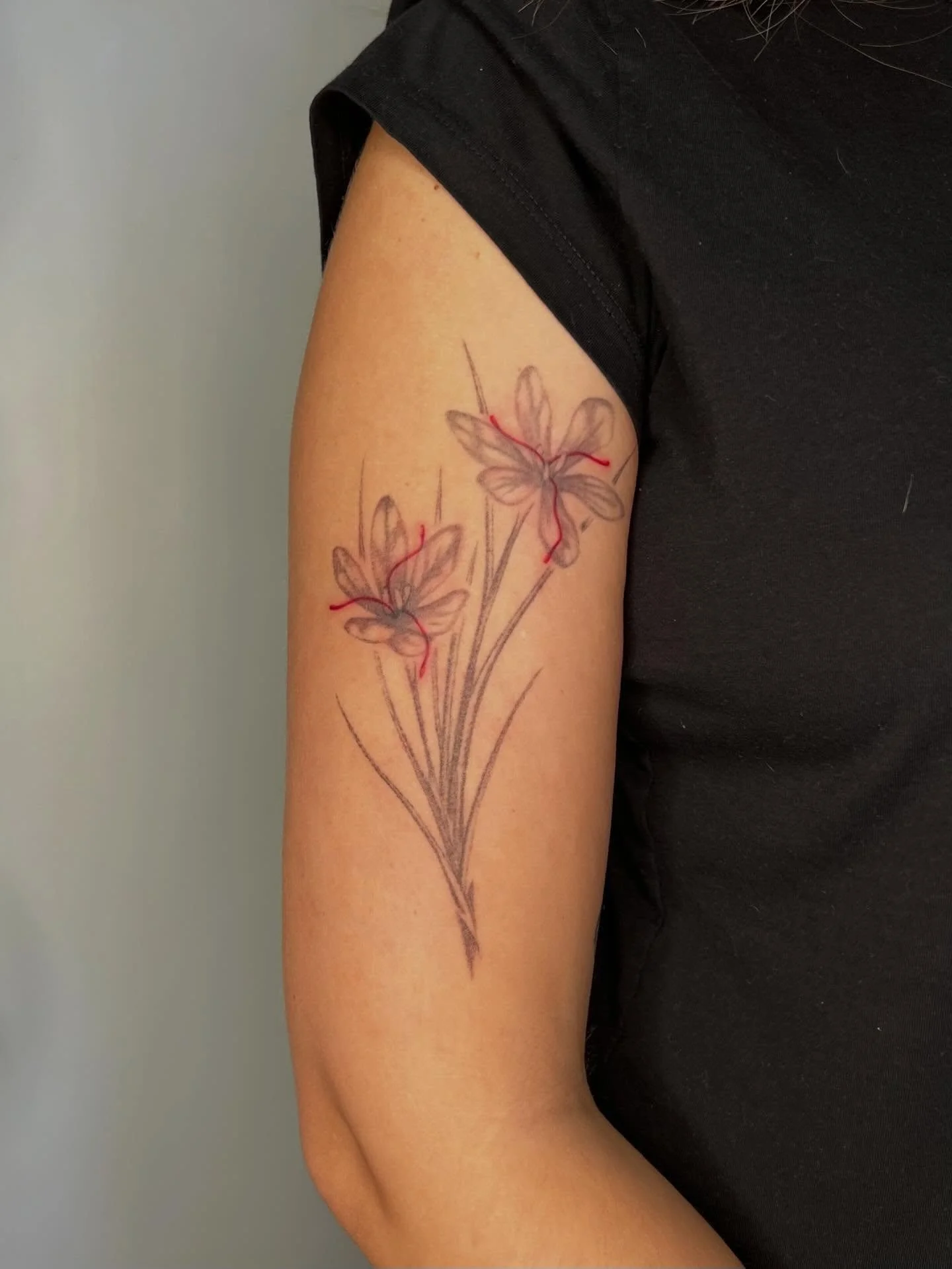 Saffron flowers for Roya w fresh red ink + one month healed grey. Also horsey! Thank you so much ❤️