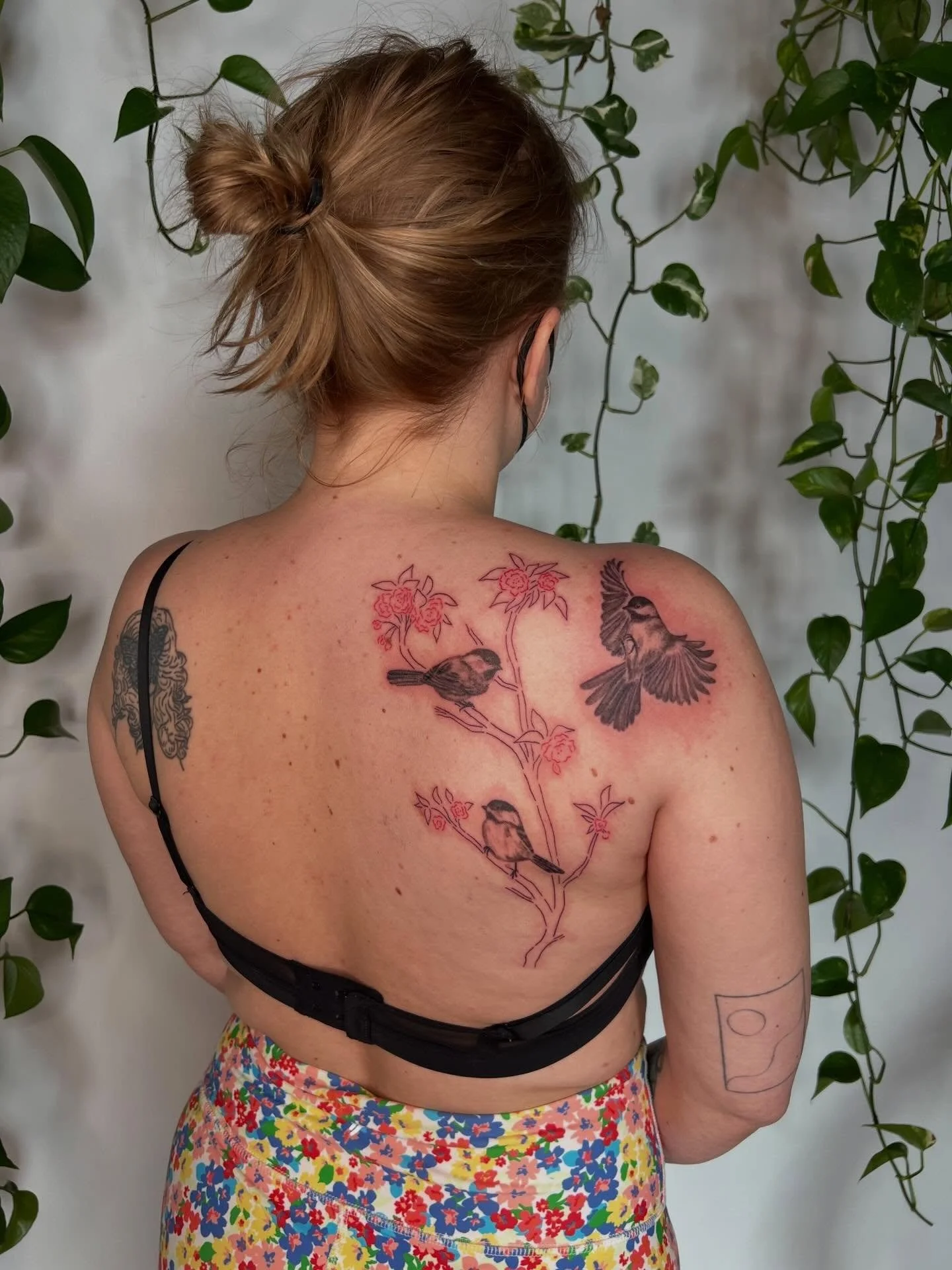 Chickadees and cherry blossoms for Lucy, maybe my biggest project to date? Thank you so so much for the joy and support over the years!! Some healed pieces + more blooms at the end for good measure 🩷