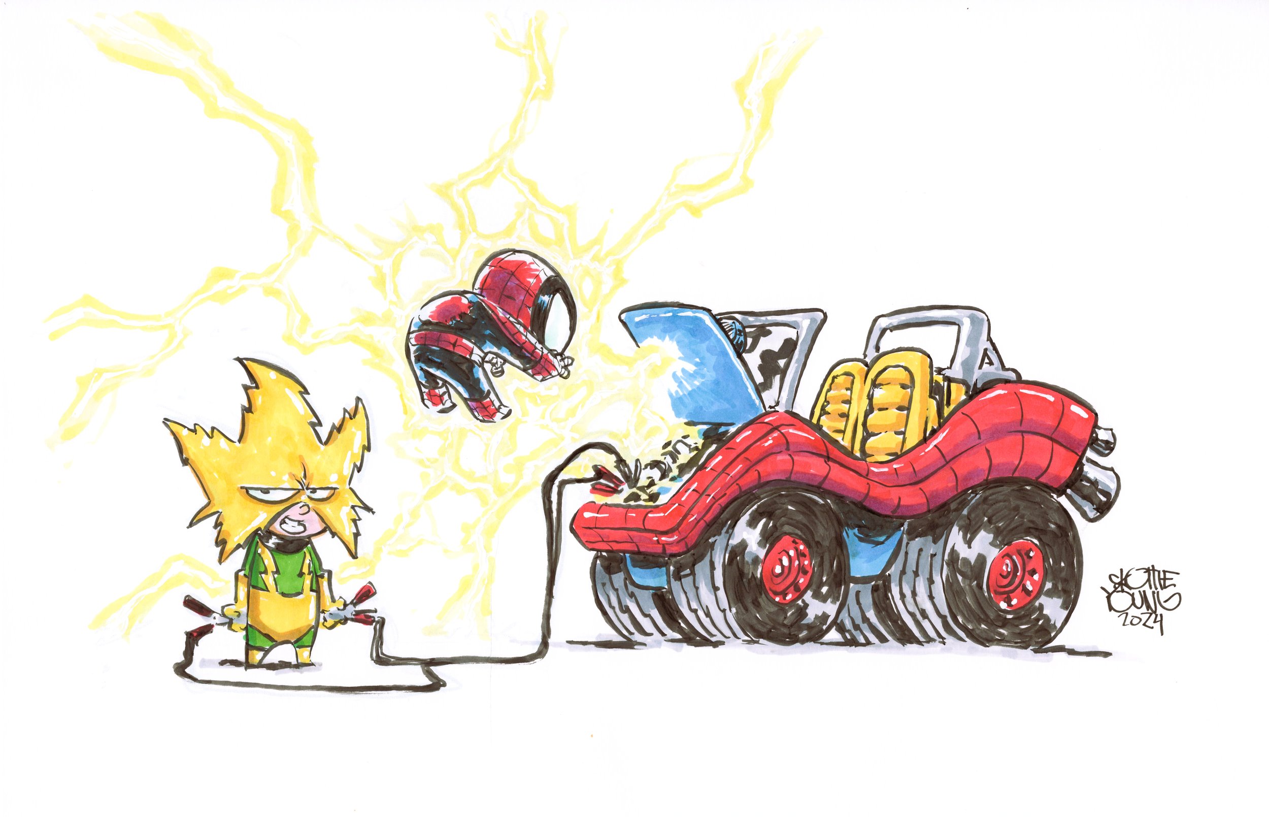 Electro Spiderman and Spidermobile by Skottie Young