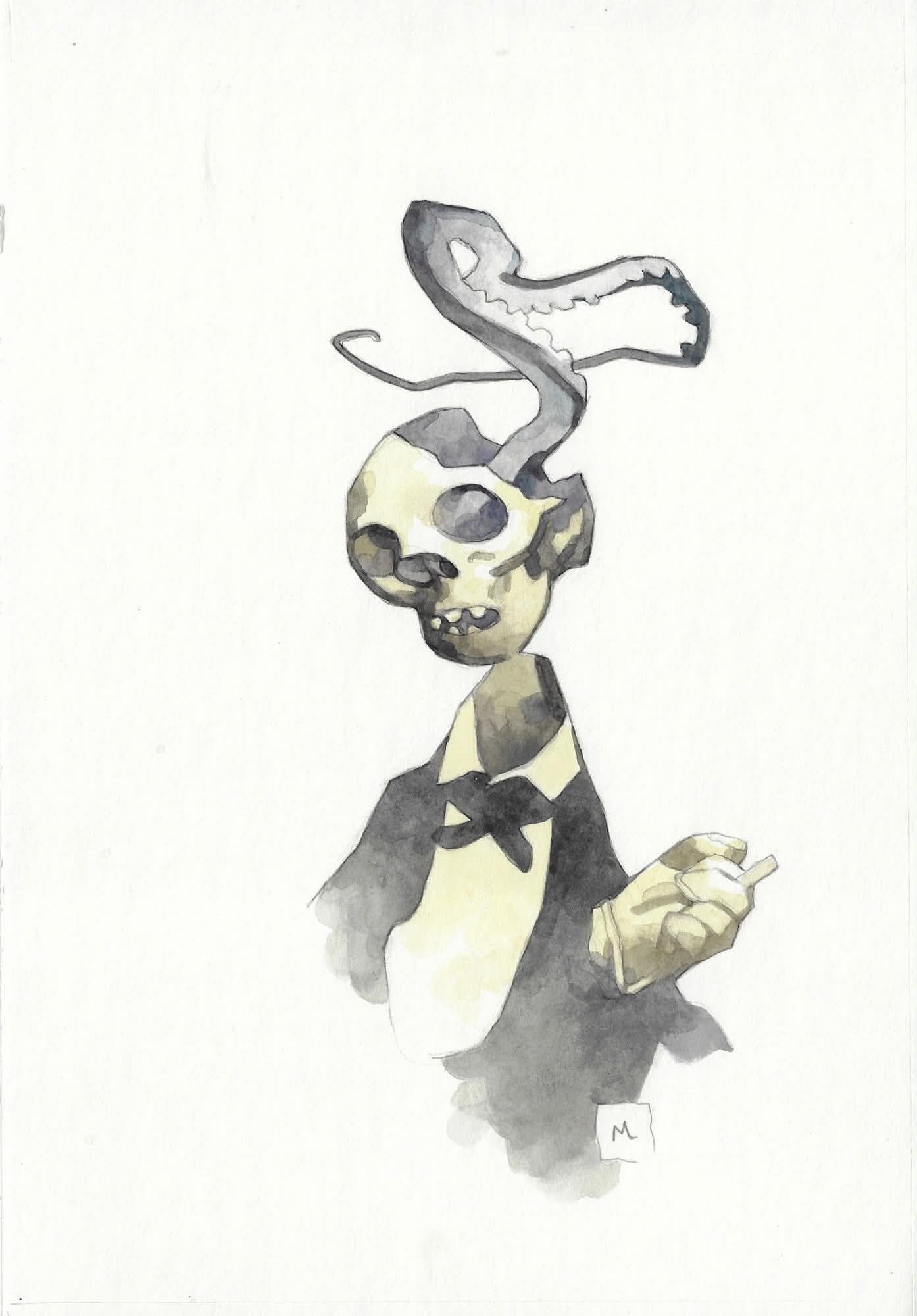 Skeleton head smoking by Mike Mignola