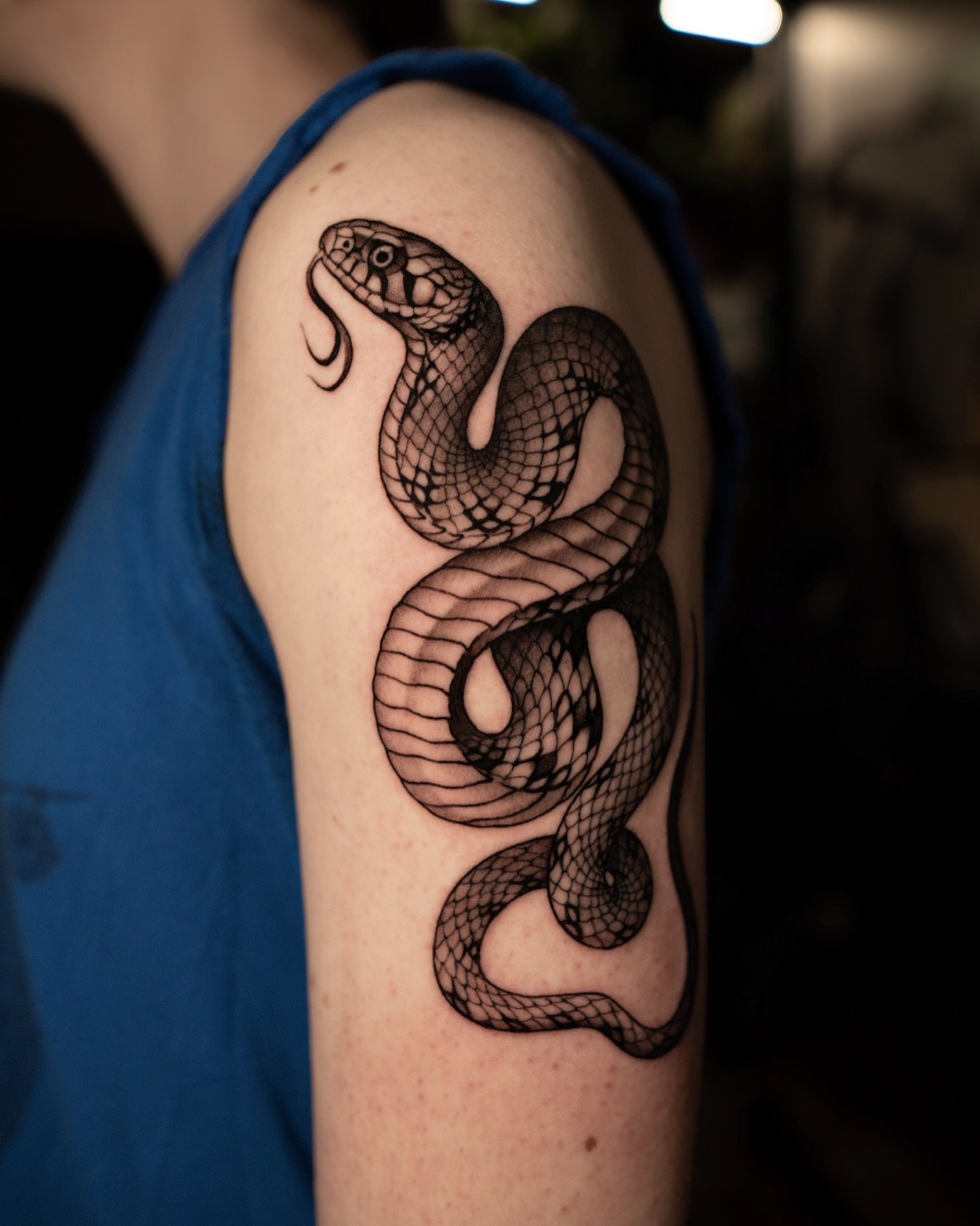 One of the latest snakes I did🐍 super happy with how it turned out. I&rsquo;ve got several flash designs available if you&rsquo;re down to get one, check out my story highlights!
done at @5thcloudstudios 🌱
.
.
.
.
#blackwork #snaketattoo #tattooart