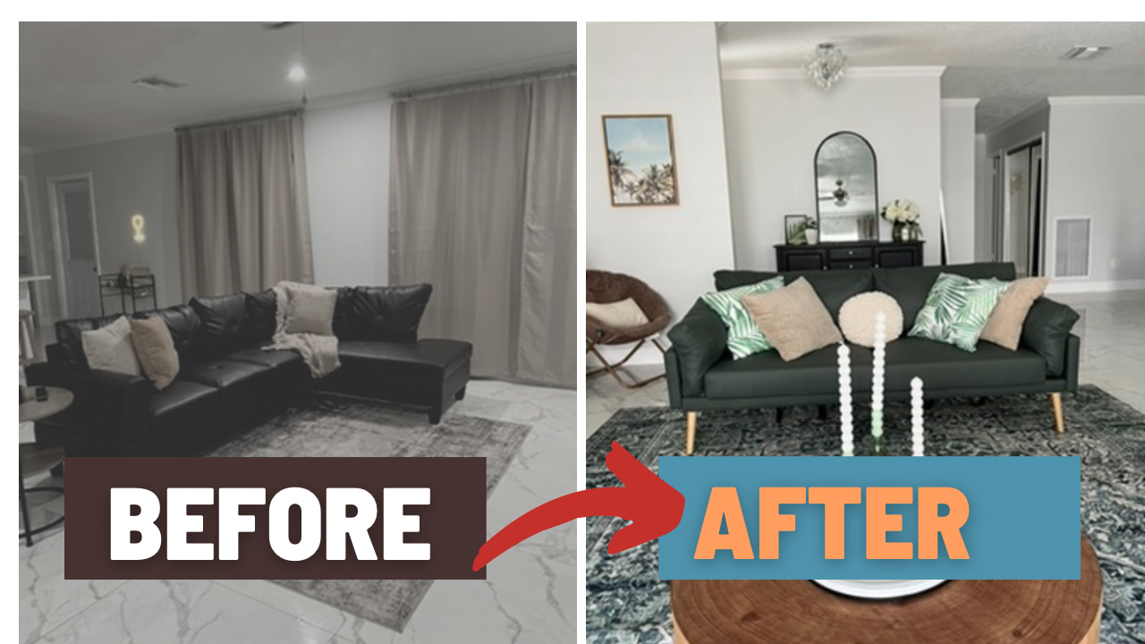 Before and after images of a living room showing a transformation; the before image has a dark gray sectional sofa with beige and white pillows, and the after image has a green sofa with decorative pillows, a mirror, and a modern side table, with changes in decor and furniture style.