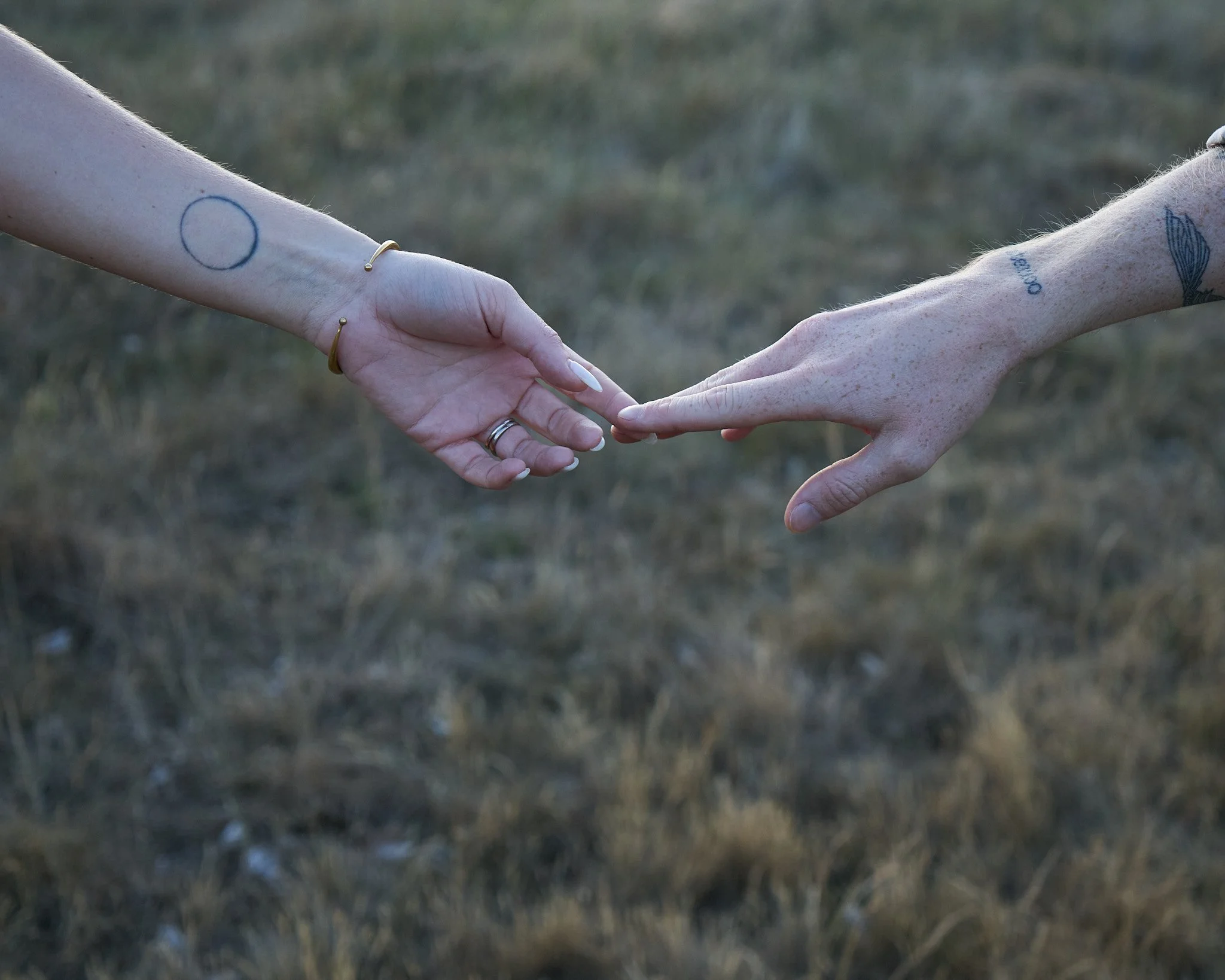 Two hands reaching towards each other with fingers touching, outdoors in a field, at sunset.