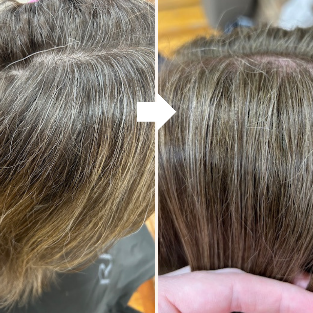 before and after of lowlight and toning session to blend greys and old grown out highlights