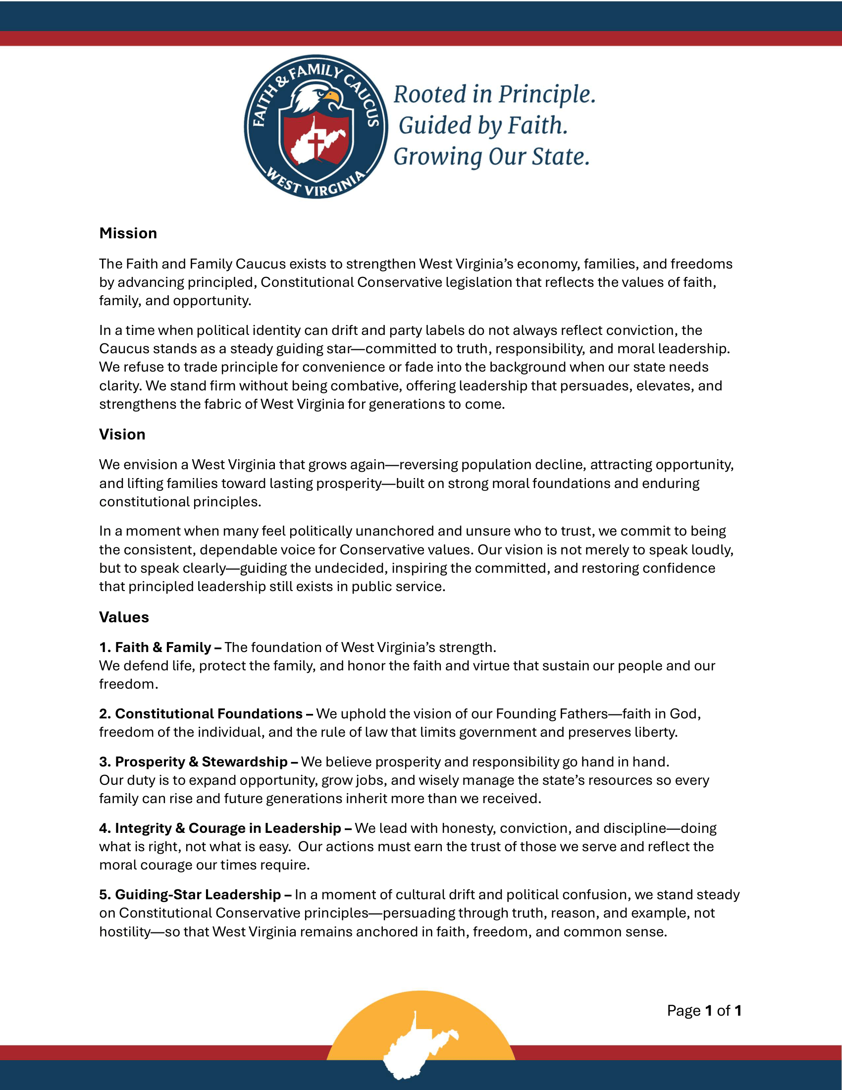 Mission, Vision &amp; Values - WV Faith &amp; Family Caucus