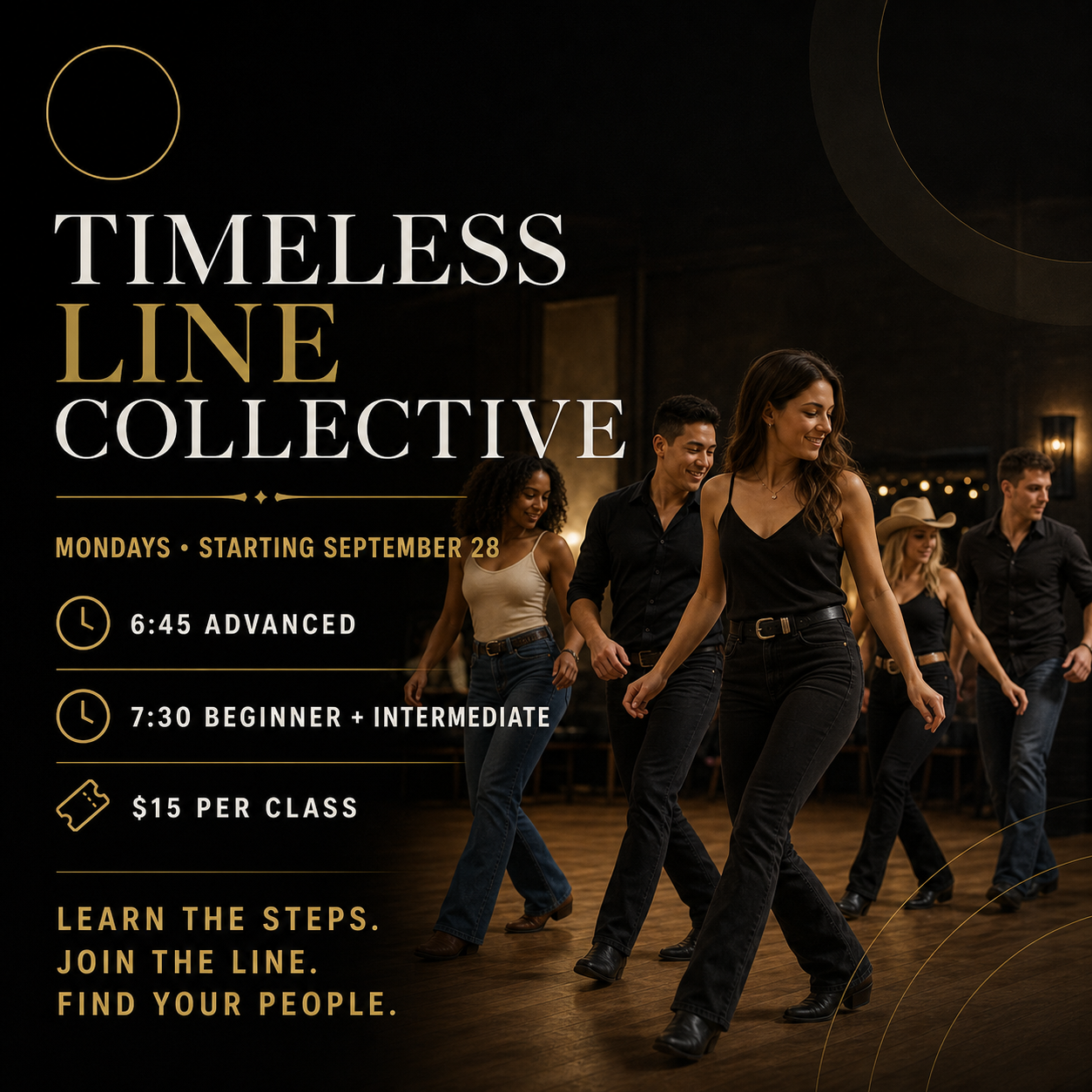 Timeless Line Collective Monday line dance classes in Knoxville: advanced at 6:45 PM, beginner and intermediate at 7:30 PM, $15 per class.