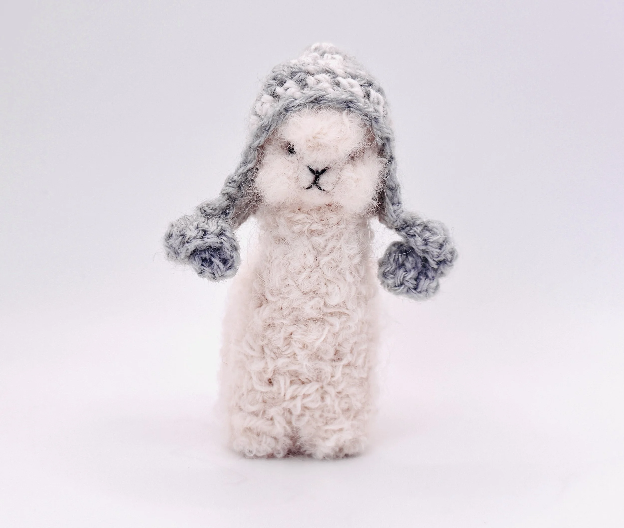 White Alpaca Needle Felt Figurine or Keychain - Grey Crocheted Chullo