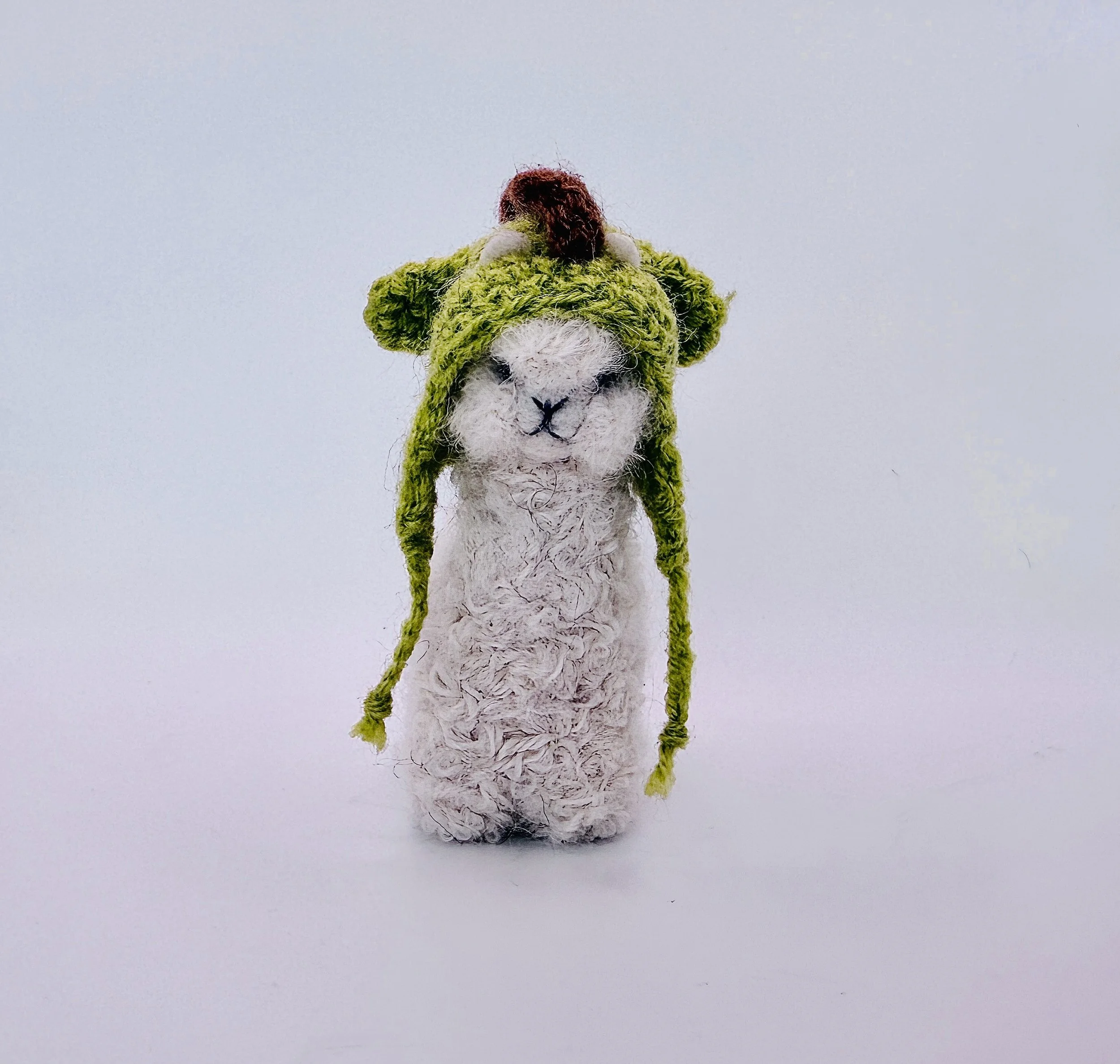 White Alpaca Needle Felt Figurine or Keychain - Green Dinosaur Chullo