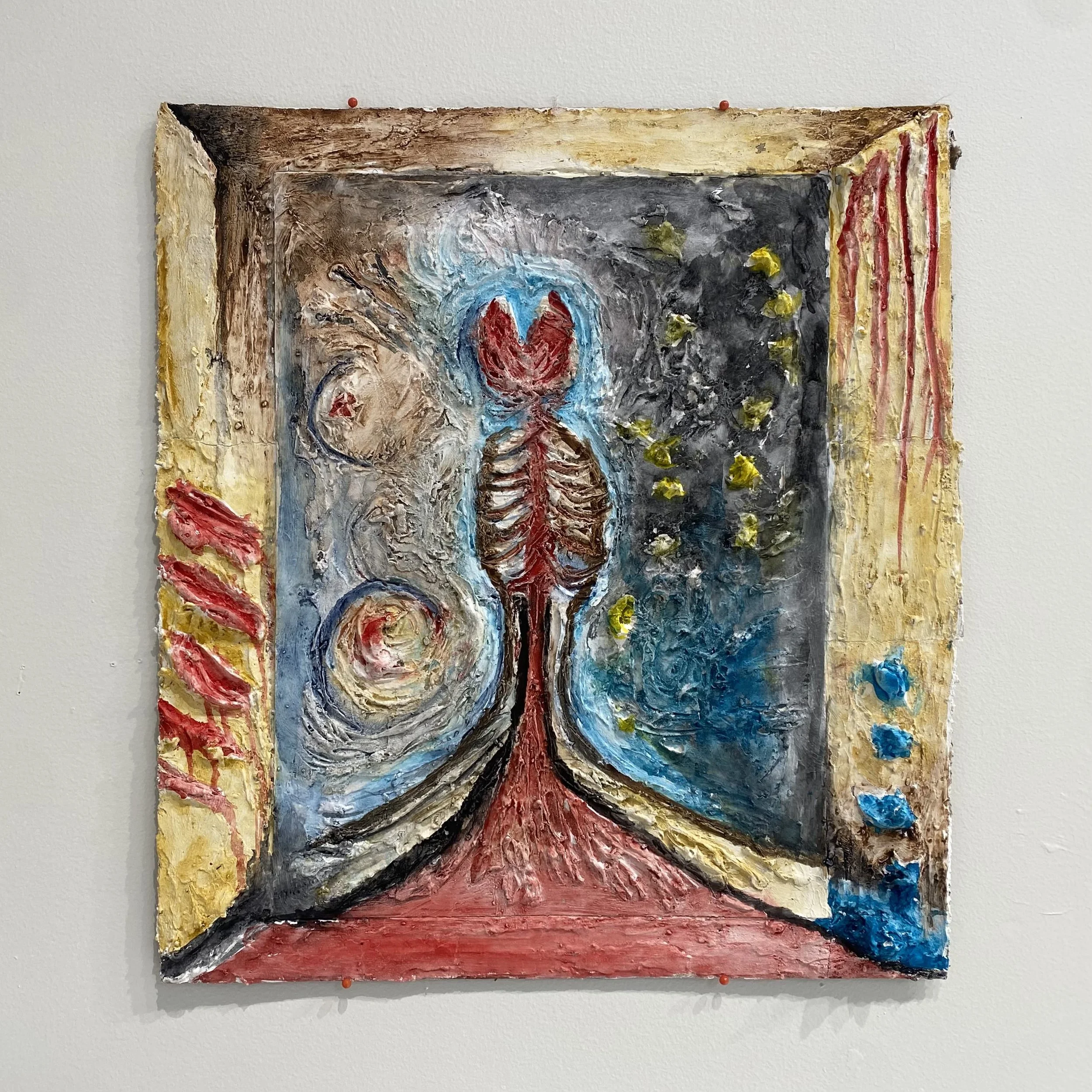 Phallus, 2025, spackle and gouache on paper and cardboard