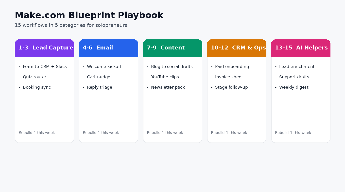 Five Make.com blueprint categories for solopreneurs