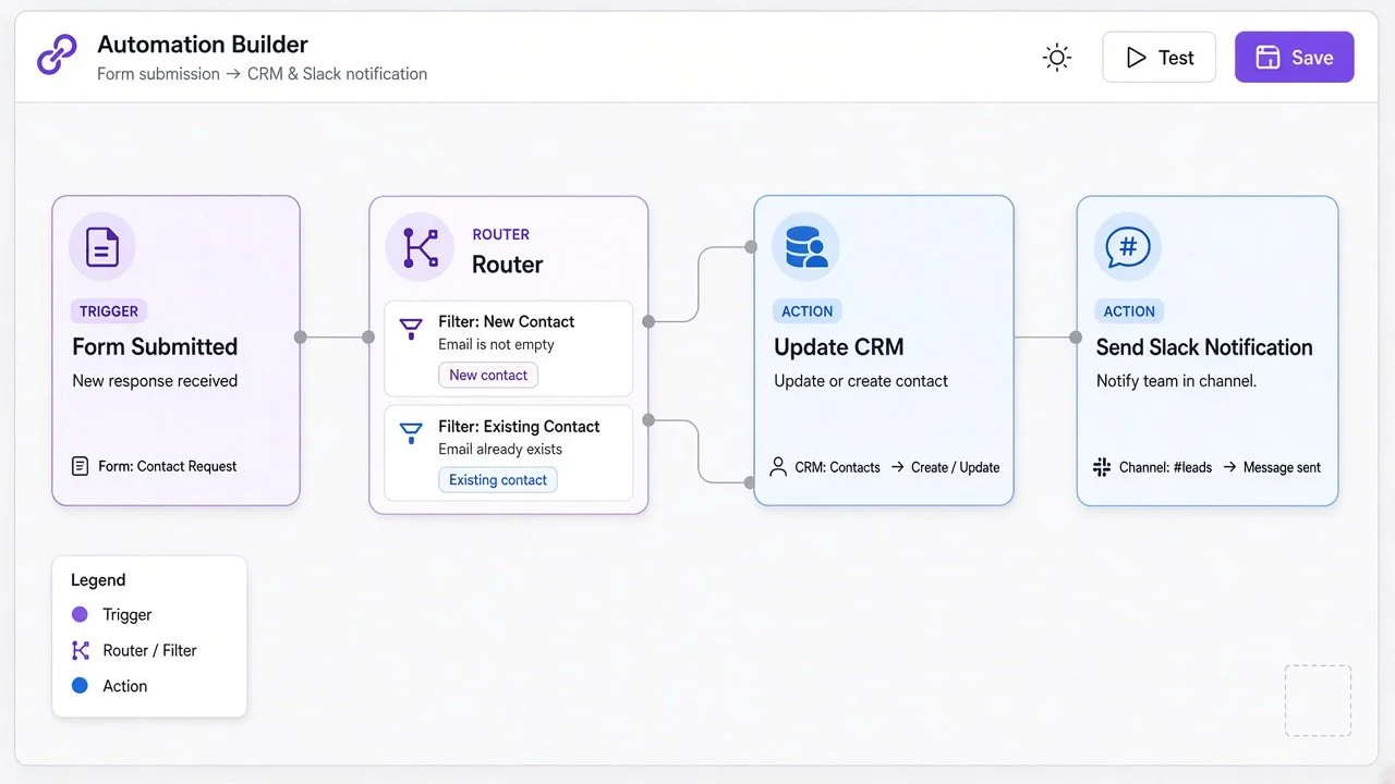 Make-style scenario canvas for form to CRM and Slack notification with router filters