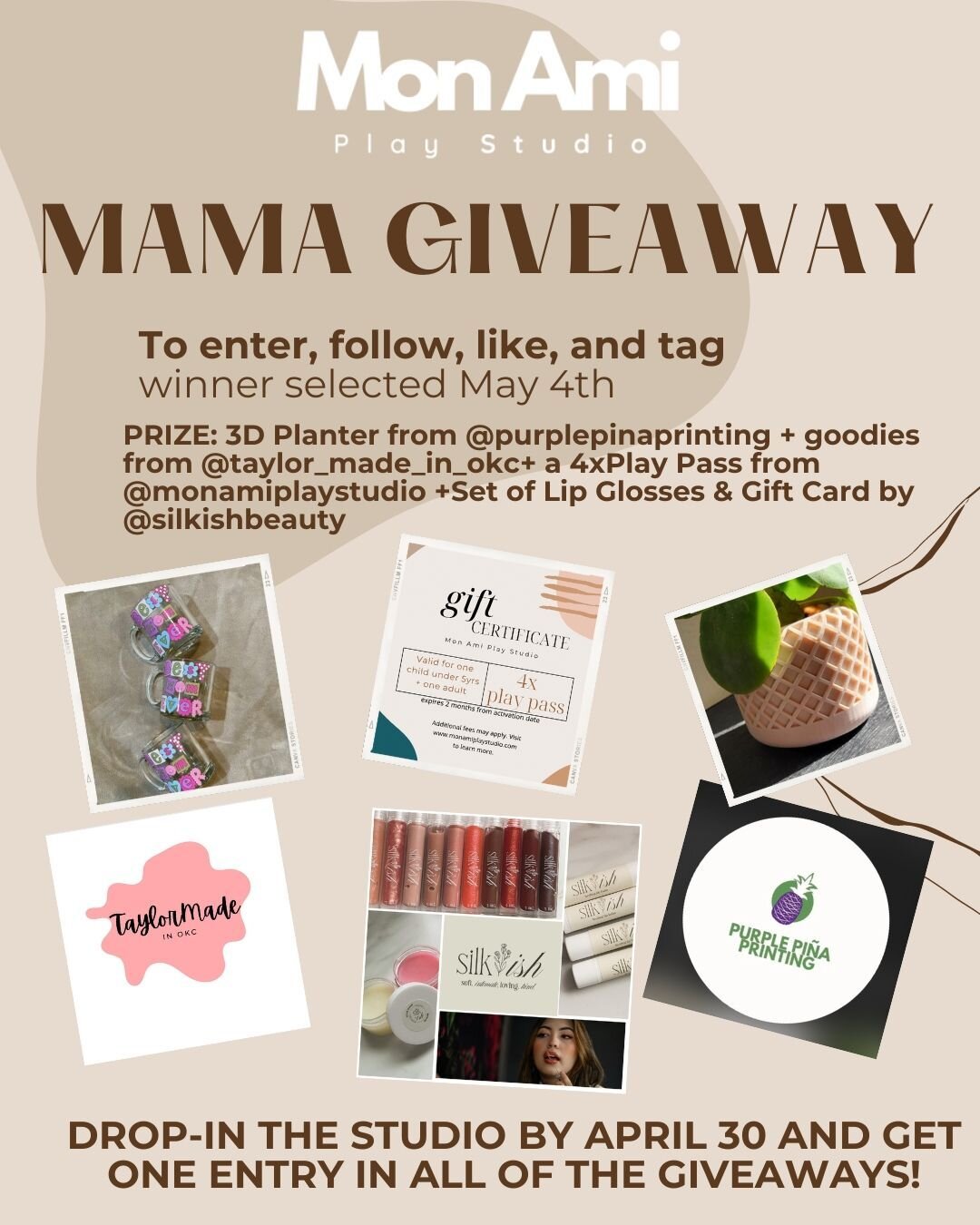 4prizes-in-one giveaway today with THE CUTEST goods from @taylor_made_in_okc, a 3D printed planter pot from @purplepinaprinting, a lip gloss set &amp; gift card from @silkishbeauty AND a 4x play pass to our studio. 

To enter the drawing for this spe