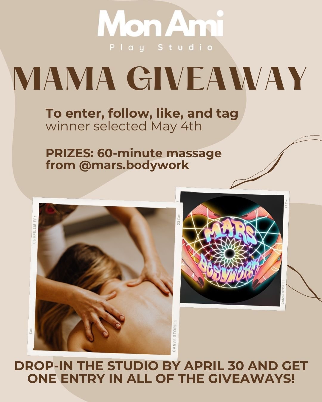 2024 MAMA GIVEAWAY DETAILS: 
Every mama deserves to win this 60 min massage from @Mars.bodywork for Mother's Day because you know we all need it!

To enter the drawing for this specific prize: FOLLOW the our account and the above businesses on Instag