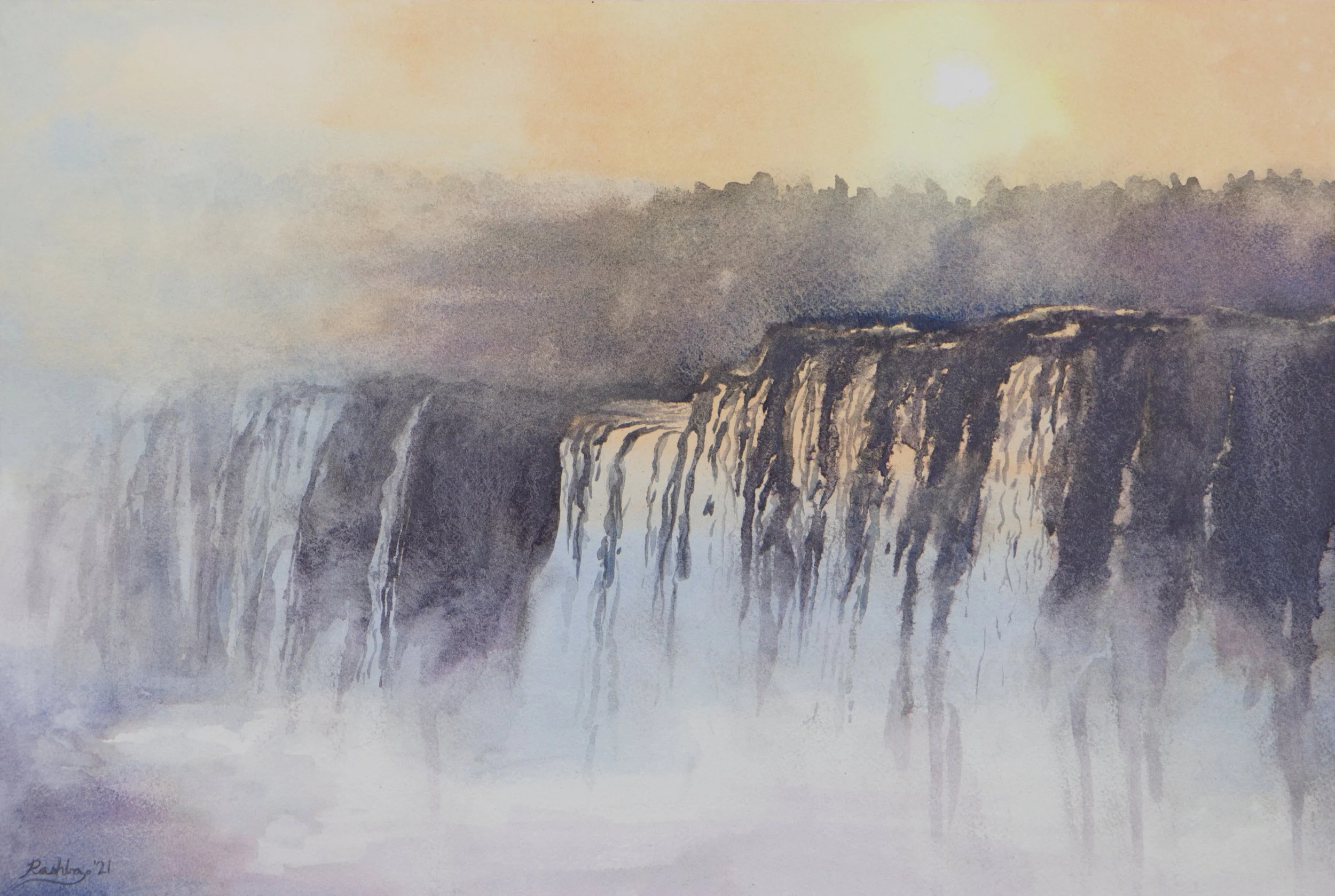 'Misty Waterfall', watercolor on Arches cold press paper, 18 1/2” x 12 5/8” unframed, 2021 - available