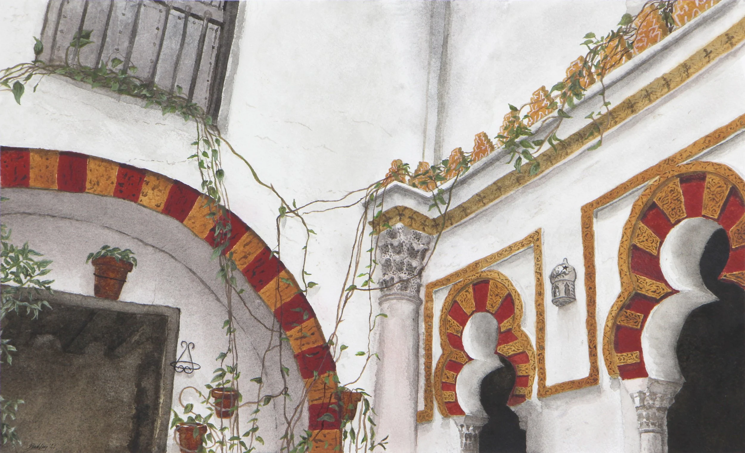 'Cordoba Courtyard', watercolor on Arches cold press paper, 11 5/8" x 18 1/2" unframed, 2021 - available