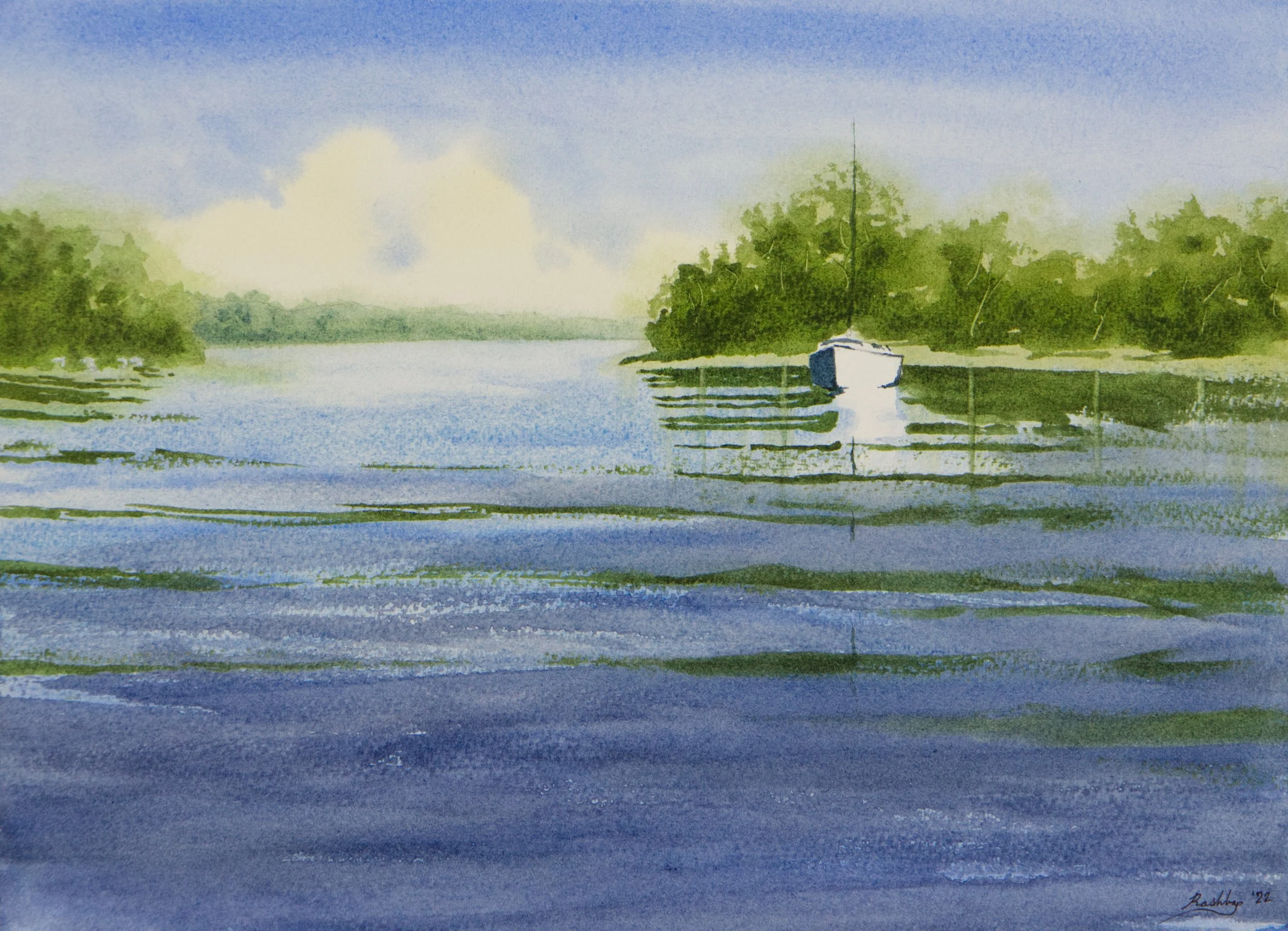 'Anchored Reflection', watercolor on Arches cold press paper, 14” x 10.25” unframed - available