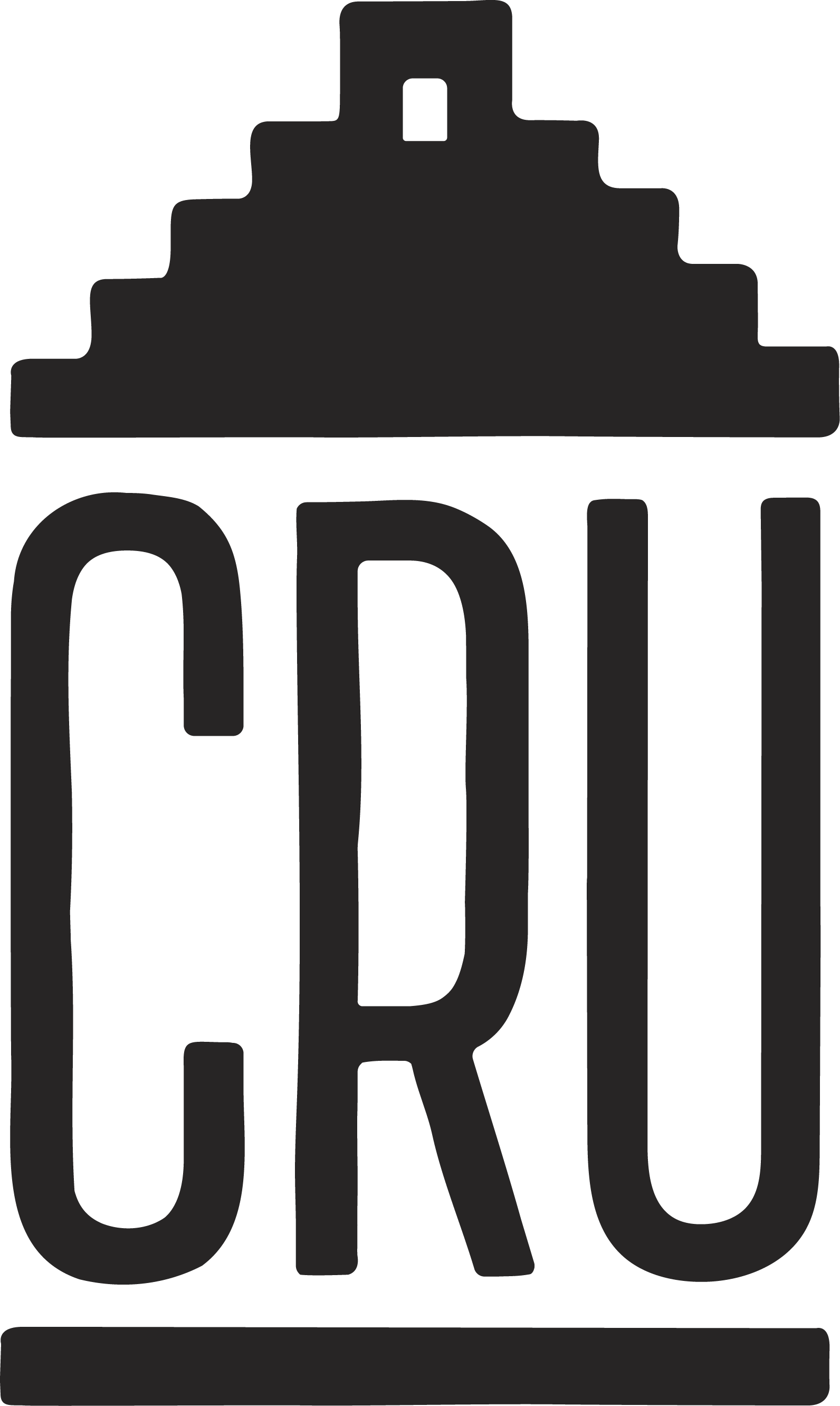 Black and white logo with a stylized depiction of a restaurant building at the top and the text 'CRU' below.