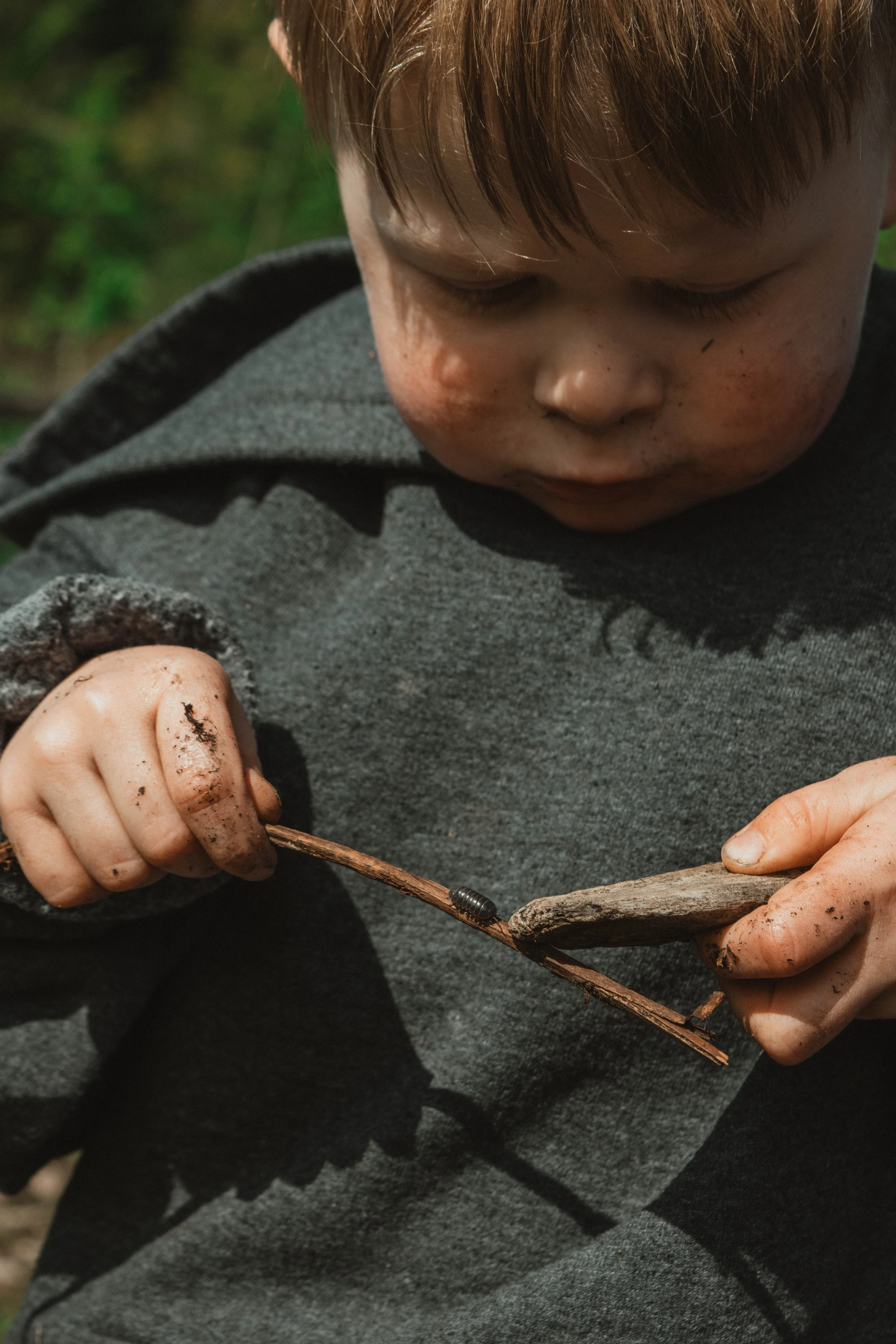 A young boy with dirt on his face and hands holding a small stick with a black insect on it, outdoors with blurred greenery in the background.