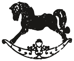 Silhouette of a rocking horse with a child figure underneath.