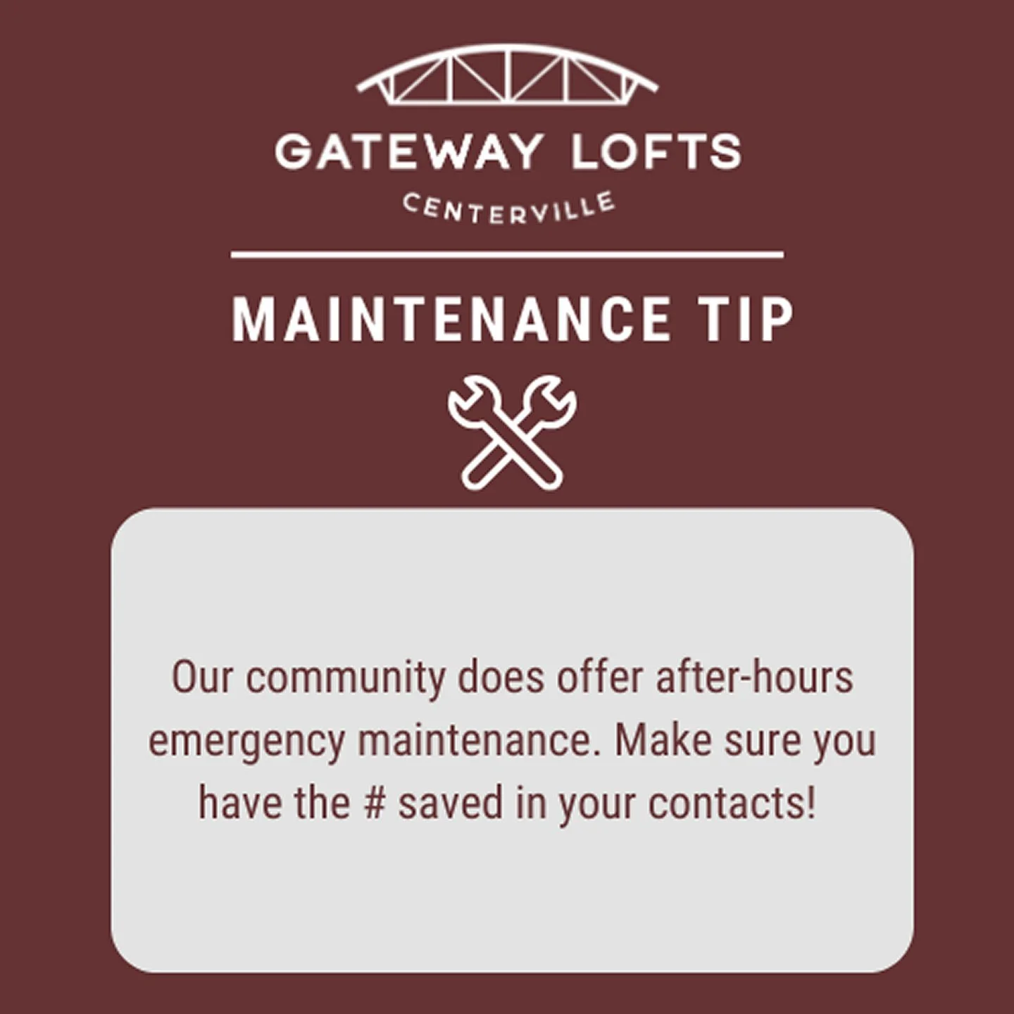 Emergency maintenance is to be used for emergencies only if the office is closed. Emergency maintenance line - 1-855-293-2437 option 3. #EmergencyMaintenance #GatewayLoftsCenterville #LuxuryLiving #ApartmentLiving #CentervilleOhio