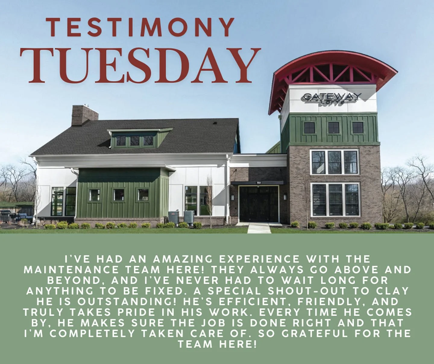 Thank you for such a kind review! We&rsquo;re so happy to hear you&rsquo;ve had a great experience with our maintenance team, and we&rsquo;ll be sure to share your shout-out with Clay. We truly appreciate you! 😊 #GatewayLoftsCenterville #GoogleRevie