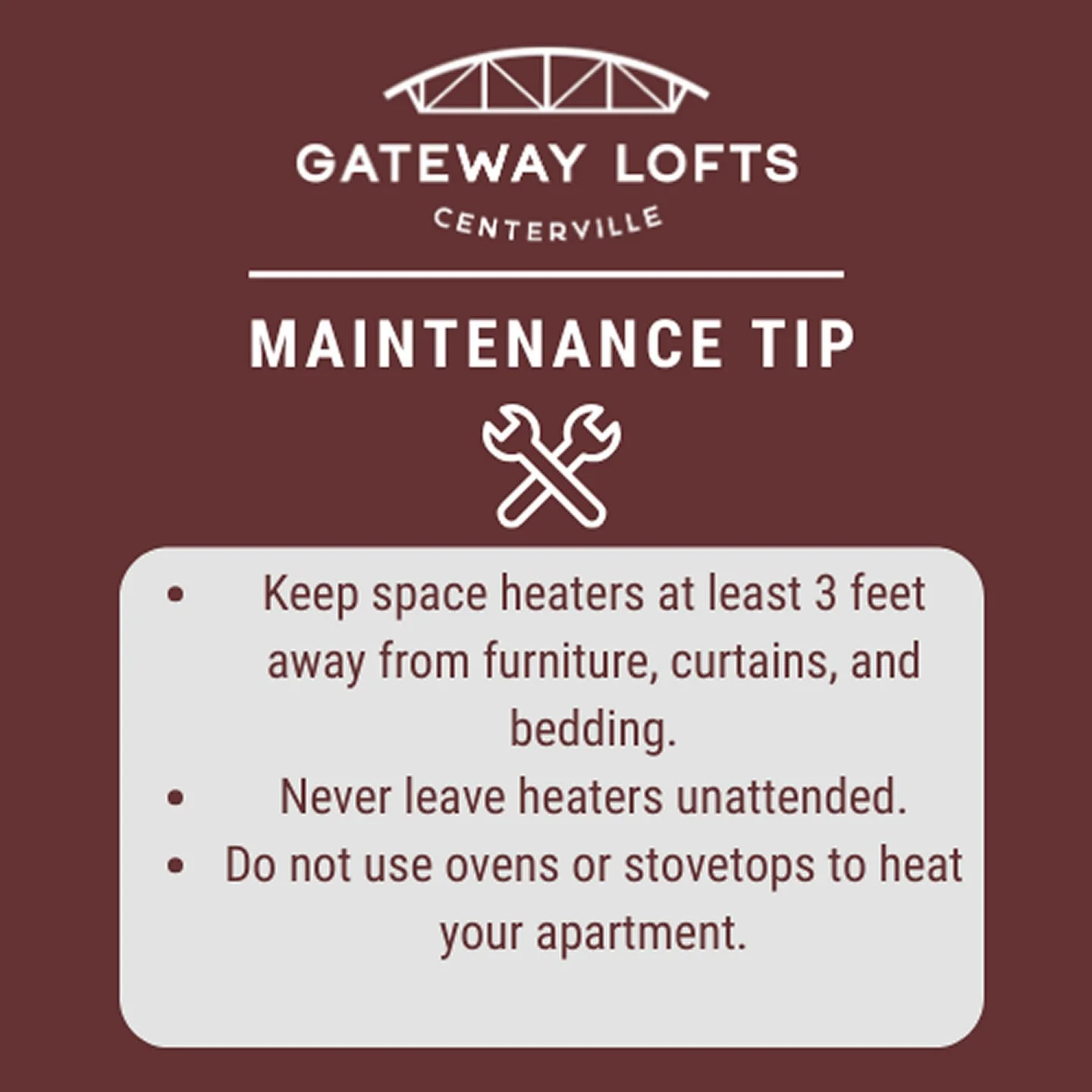 Keeping our residents safe is our number one priority. #WinterSafety #GatewayLoftsCenterville #MaintenanceTips #LoveWhereYouLive #CentervilleOhio