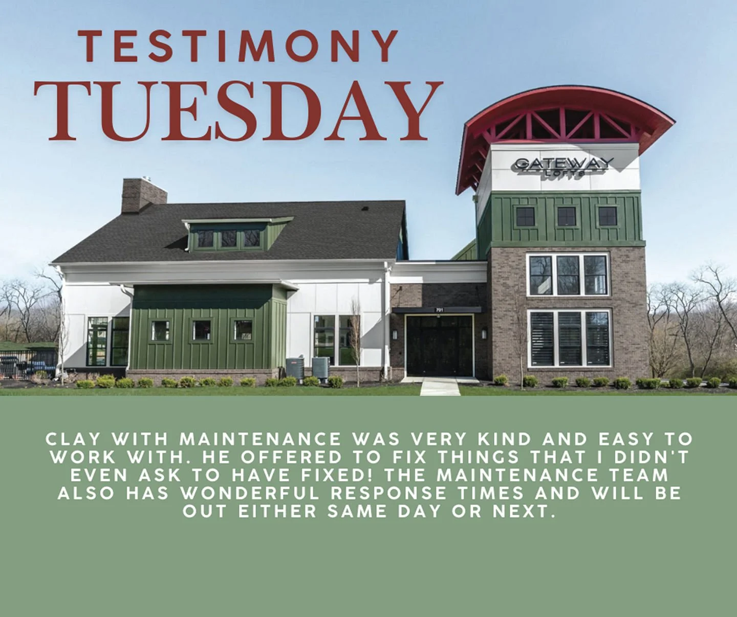 Thank you for your kind words! We&rsquo;re so glad to hear Clay and our maintenance team made your experience such a positive one. We truly appreciate your feedback! 😊 #GatewayLoftsCenterville #GoogleReview #LuxuryLiving #CentervilleOhio