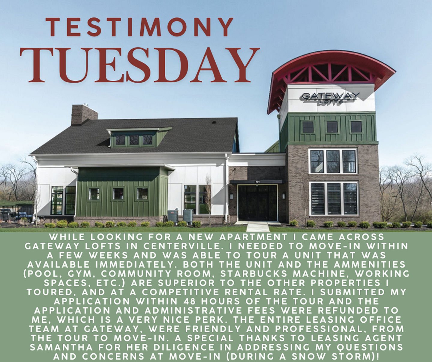 Thank you so much for your kind words! Samantha and the entire team appreciate your recognition, and we&rsquo;re so glad we could make your move-in smooth&mdash;even in a snowstorm! 😊 @GatewayLoftsCenterville #ThankYou #ApartmentLiving #LoveWhereYou