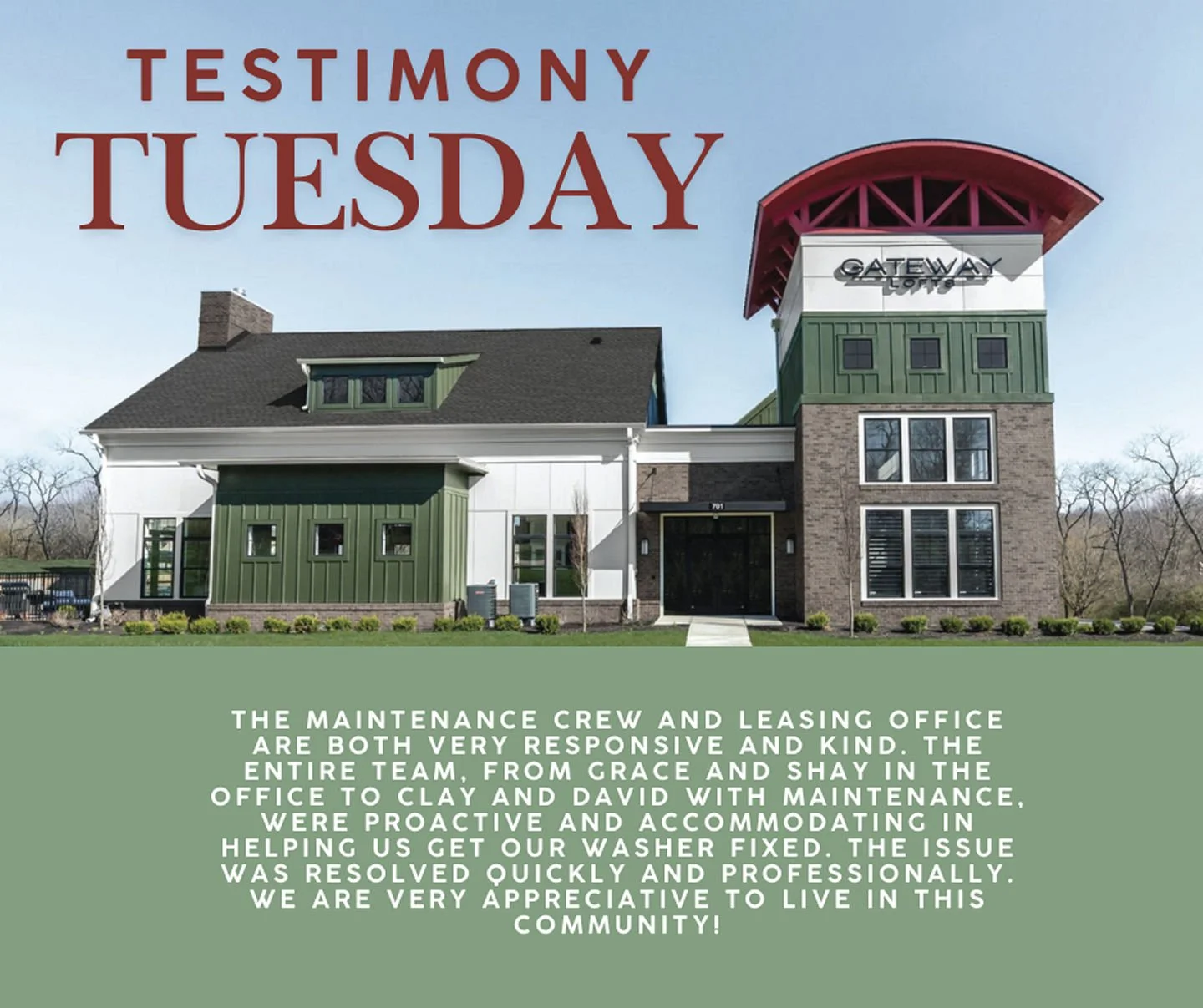 Thank you for your kind words! We love hearing about the positive experiences residents have here at Gateway Lofts Centerville. #luxuryliving #homesweethome #centervilleohio