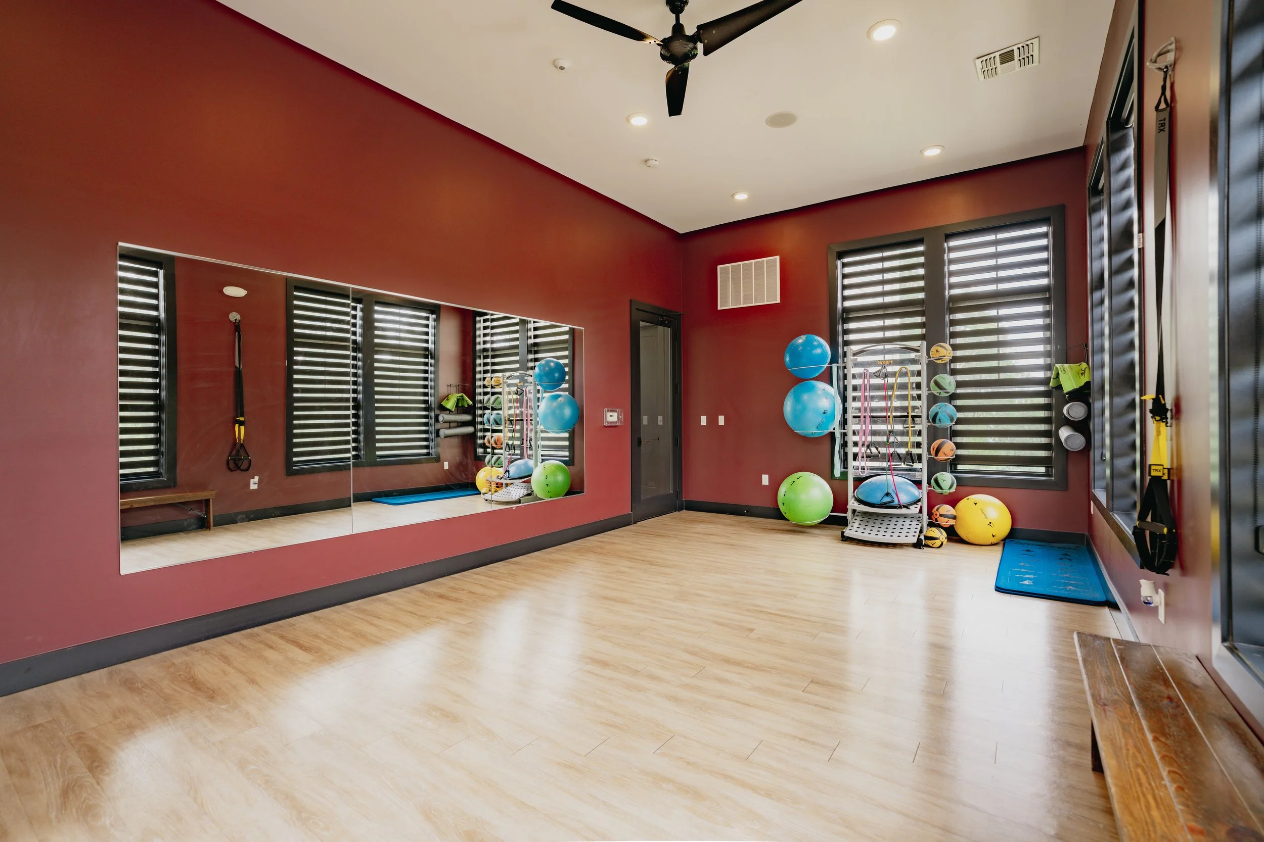 An exercise room with red walls, large mirror, and wooden floor. There are various exercise balls, yoga mats, and small equipment organized on a rack and shelves. Windows with black shutters, ceiling light, and a ceiling fan are visible.
