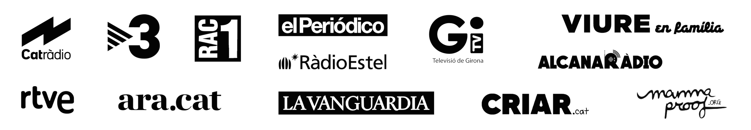 Black logo collage featuring various Spanish-language media outlets, including RTVE, Televisió de Girona, ALCAÑAR RADIO, La Vanguardia, and others.