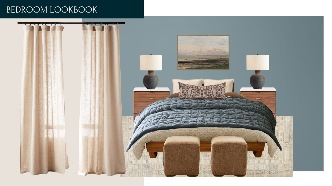 A bedroom with two nightstands, lamps, a bed with pillows and bedspread, curtains, a painting above the bed, and two small beige ottomans at the foot of the bed.