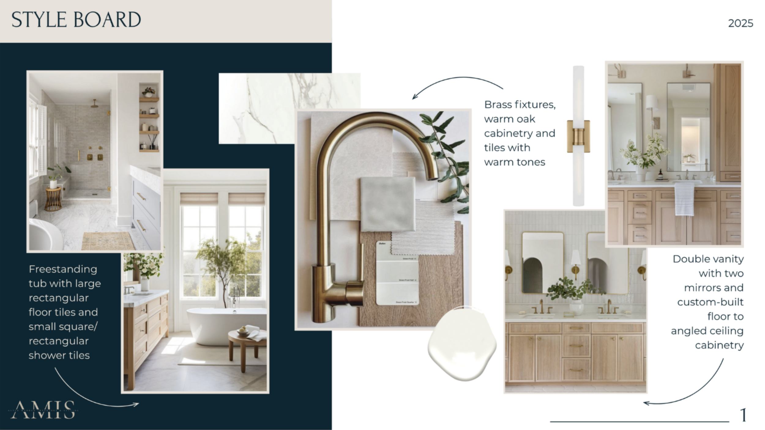 Design style board featuring bathroom and kitchen interior ideas. The bathroom includes a freestanding bathtub with large rectangular floor tiles and small square shower tiles. The kitchen showcases a double vanity with two mirrors and custom-built c