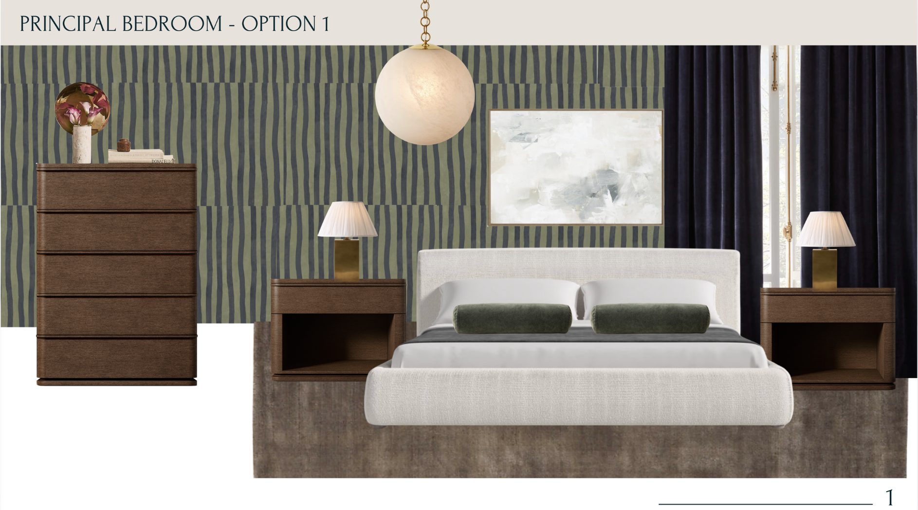 Bedroom with green and black striped wallpaper, cream headboard, two bedside tables with lamps, tall wooden dresser with decor, one abstract painting, dark curtains, and multi-colored carpet.