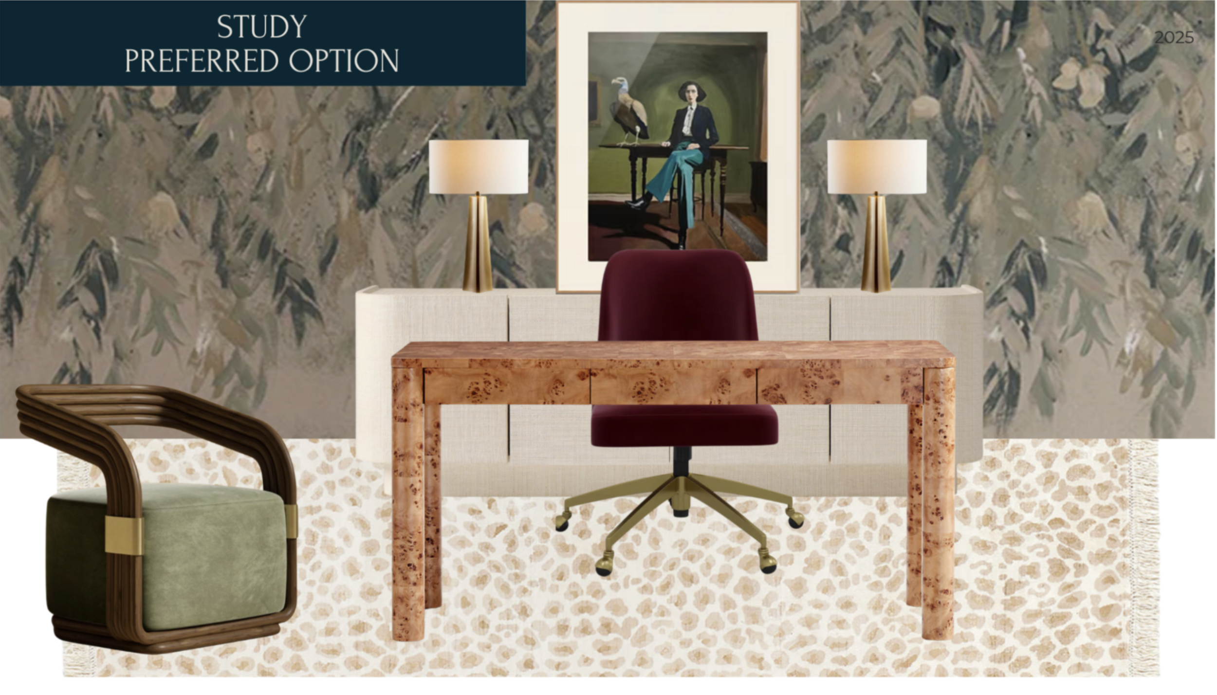 A modern interior with a patterned wall, a framed painting of a woman with a bird, and a desk with a maroon swivel chair. Two lamps on a white credenza flank the painting, and a green chair with rounded edges is visible in the foreground.