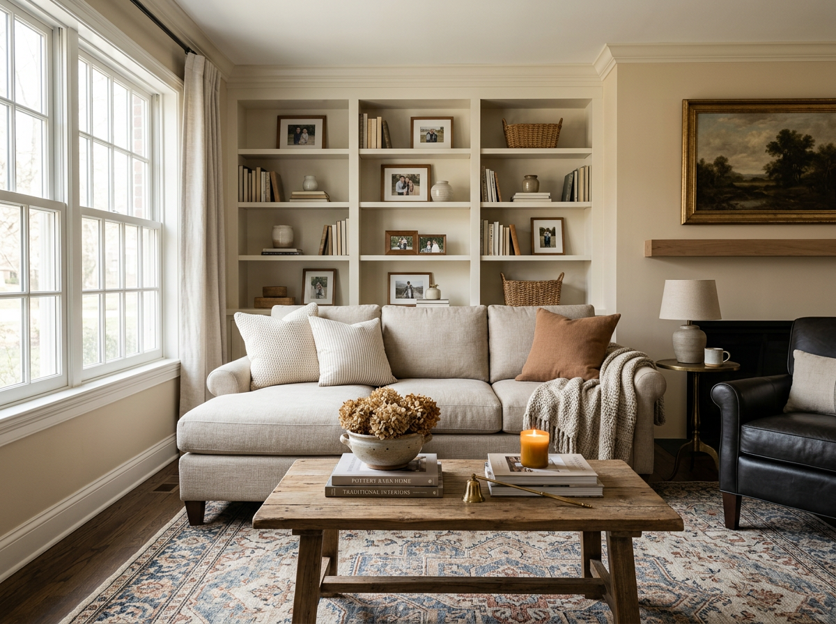 Living room with a white sofa, beige pillows, a wooden coffee table with books, a bowl of flowers, and a candle. Behind the sofa, built-in shelves with framed photos, books, vases, and baskets. Large window with curtains on the left, beige walls, and a framed landscape painting on the right. A black armchair with a pillow and a side table with a lamp and cup. Rug under the coffee table.