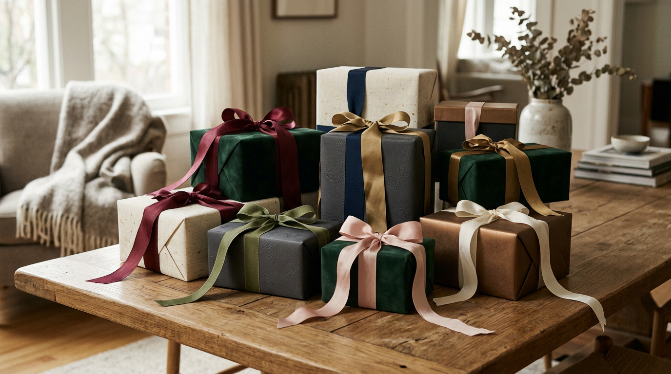 A wooden dining table with several wrapped gift boxes, each with ribbons and bows, in a cozy living room with a beige armchair, a blanket, and a window in the background.