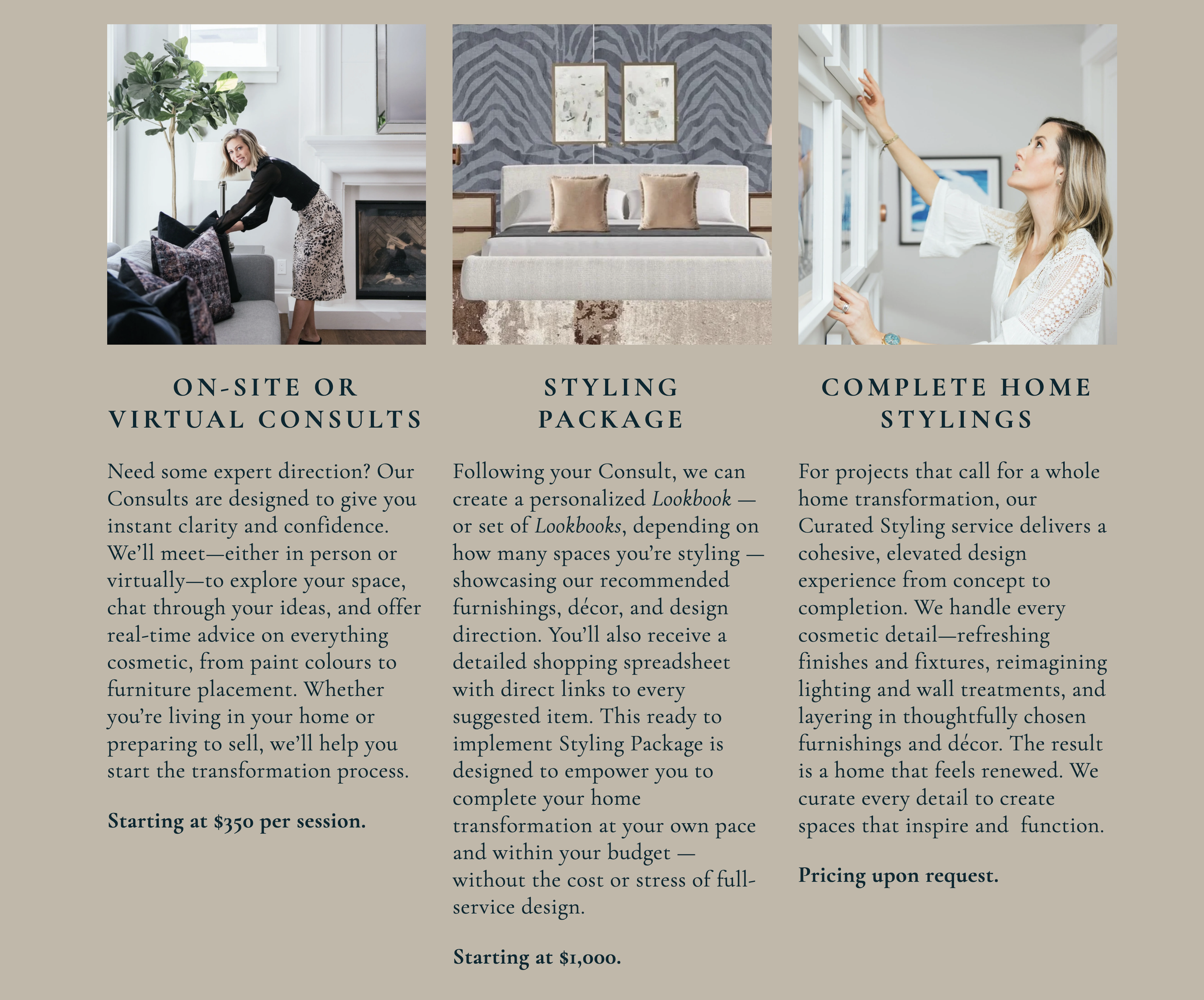 Three images in a row illustrating home styling services. The first shows a woman arranging pillows on a gray sofa in a bright living room. The second displays a neatly made bed with pillows and artwork above, in a stylish bedroom. The third features a woman adjusting a shelf with framed pictures in a white-wall room.