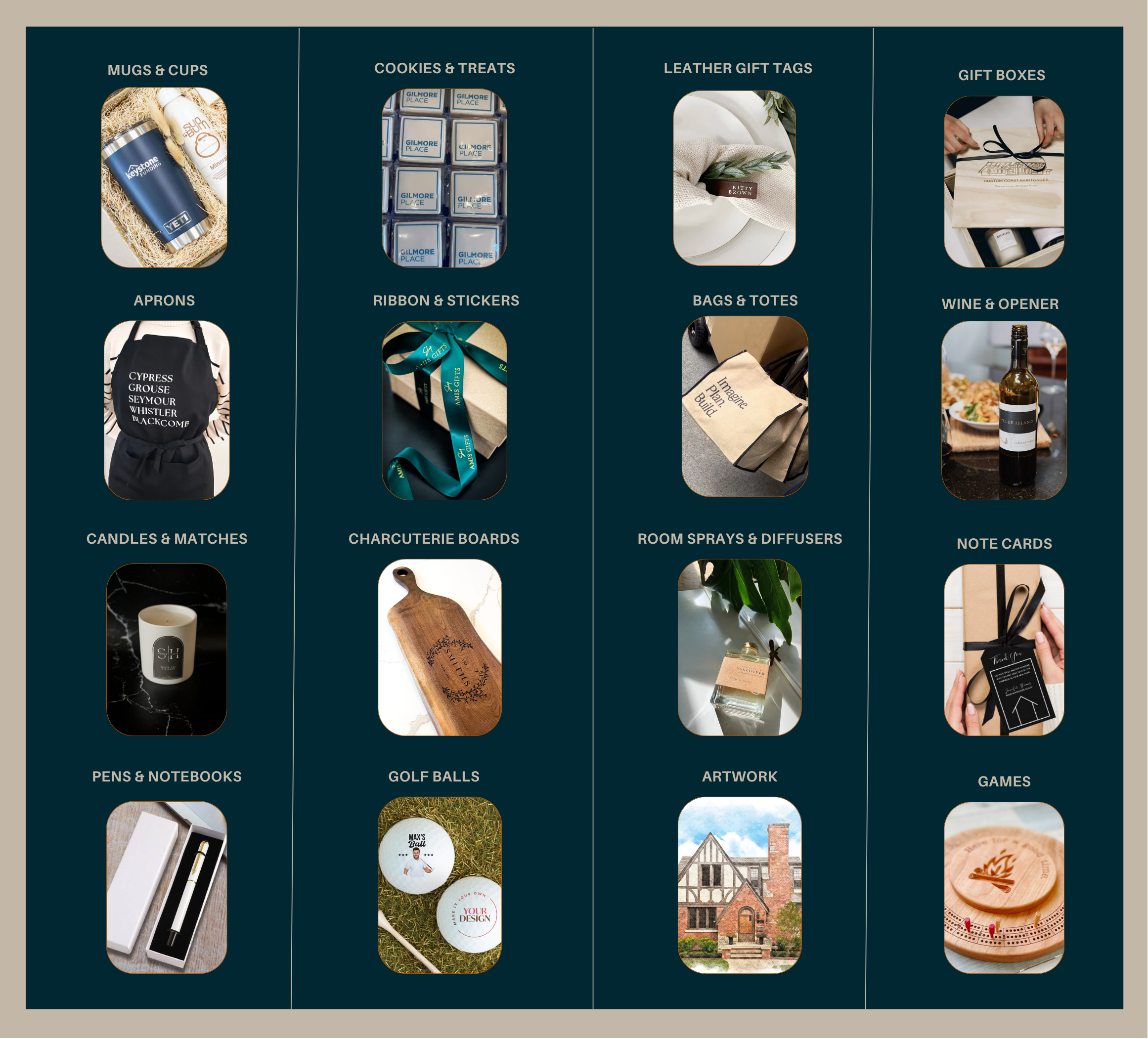 A digital catalog or a website page featuring various categories of gift items and accessories. The categories include mugs and cups, cookies and treats, leather gift tags, gift boxes, aprons, ribbon and stickers, candles and matches, charcuterie boards, pens and notebooks, golf balls, artwork, note cards, and games. Each category has a representative image.