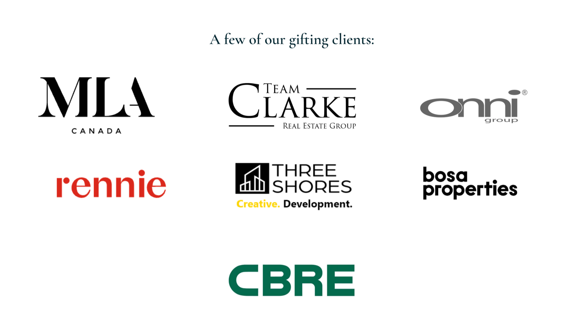 A collection of real estate and corporate logos, including MLA Canada, Team Clarke, Onni Group, Rennie, Three Shores Creative Development, Bosa Properties, and CBRE.