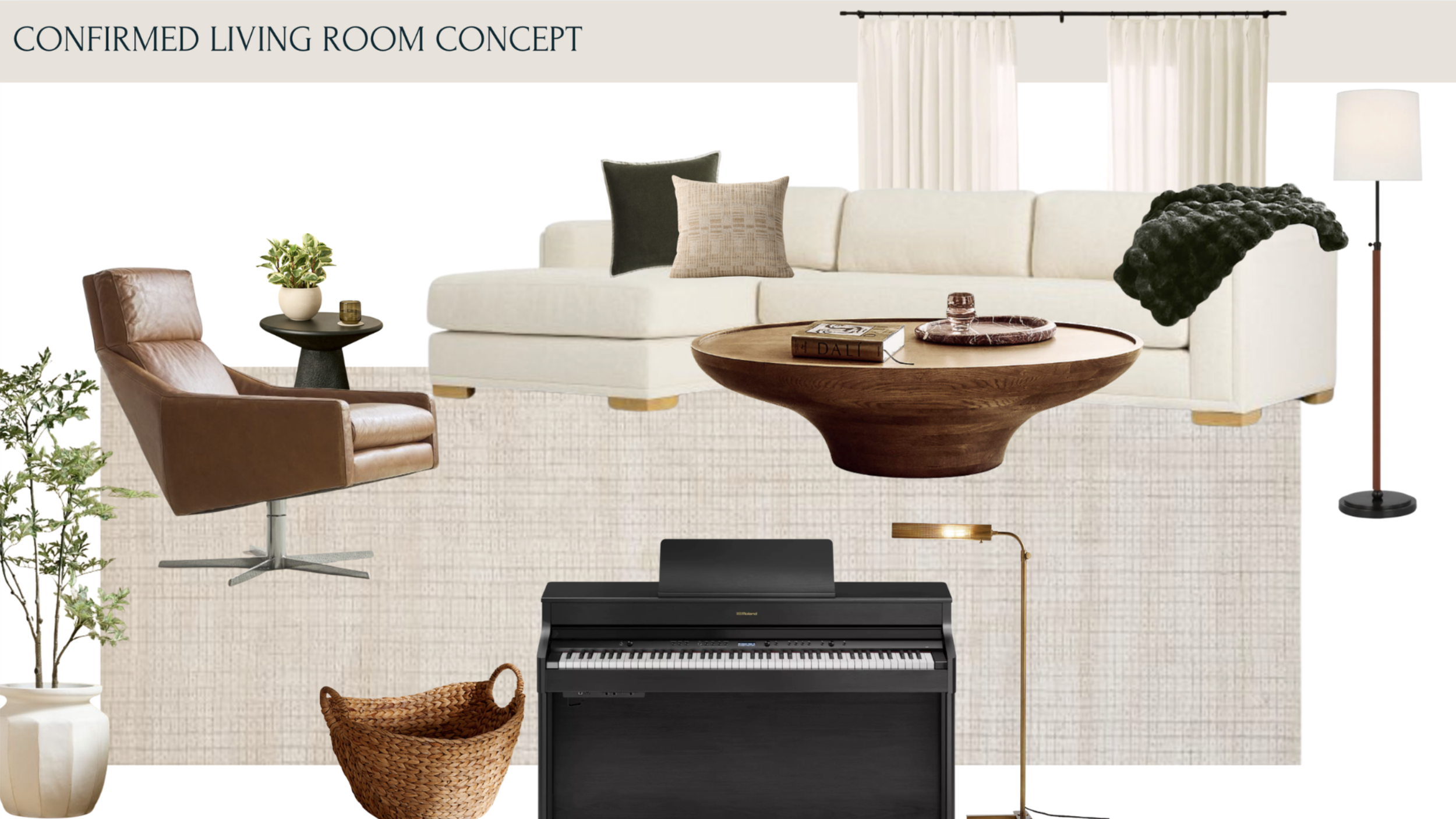 Concept design for a confirmed living room with a white sofa, a brown leather armchair, a round wooden coffee table, a black digital piano, various plants, pillows, a black floor lamp, a small side table, a gold floor lamp, and curtains.