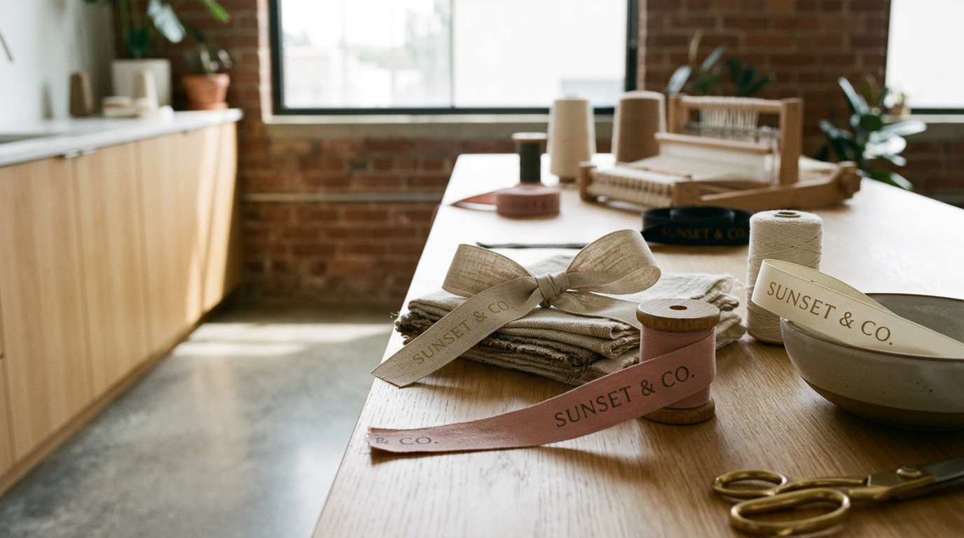 Decorative craft supplies and fabric ribbons on a wooden table in a sunlit room with brick walls and large windows.