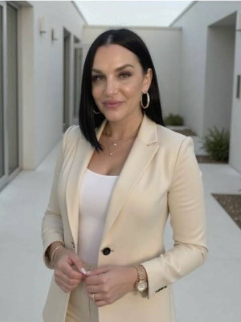 A woman with black hair and hoop earrings standing outdoors in a modern building courtyard, wearing a cream-colored blazer and white top.